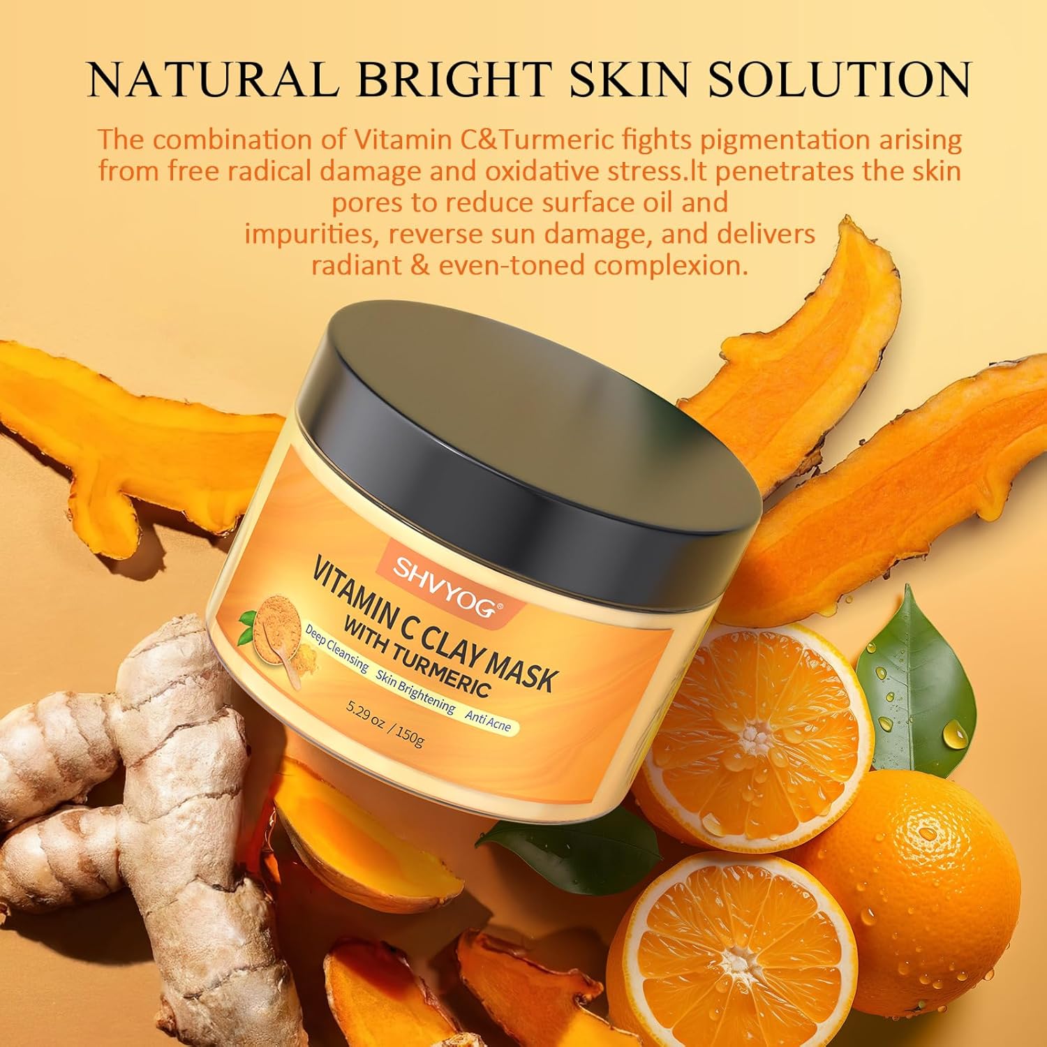SHVYOG Turmeric Vitamin C Clay Mask with Kaolin Clay for Dull & Blemish-Prone Skin, Deep Cleansing Facial Mask, Face Masks Skincare for Controlling Oil and Refining Pores 5.29 Oz 150g - Image 3