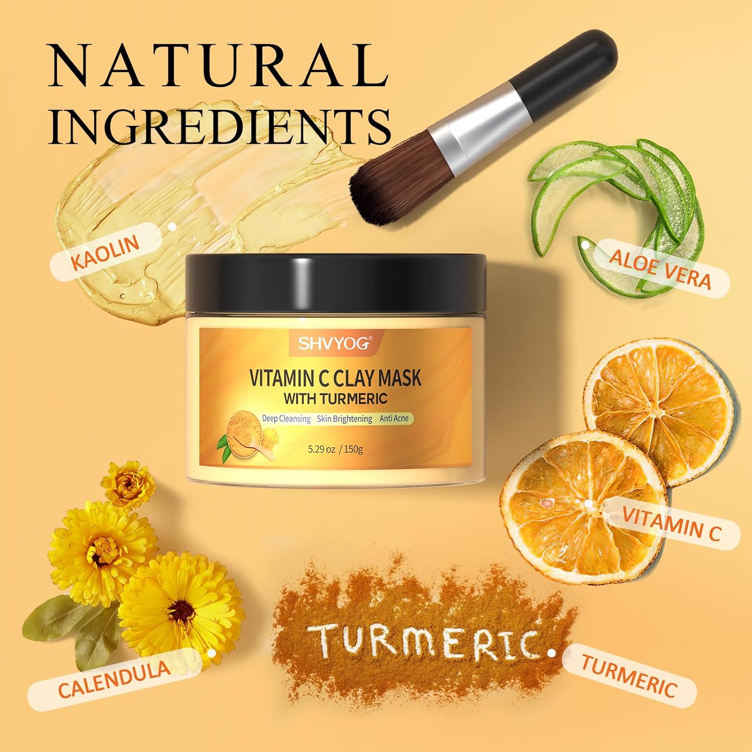SHVYOG Turmeric Vitamin C Clay Mask with Kaolin Clay for Dull & Blemish-Prone Skin, Deep Cleansing Facial Mask, Face Masks Skincare for Controlling Oil and Refining Pores 5.29 Oz 150g - Image 4