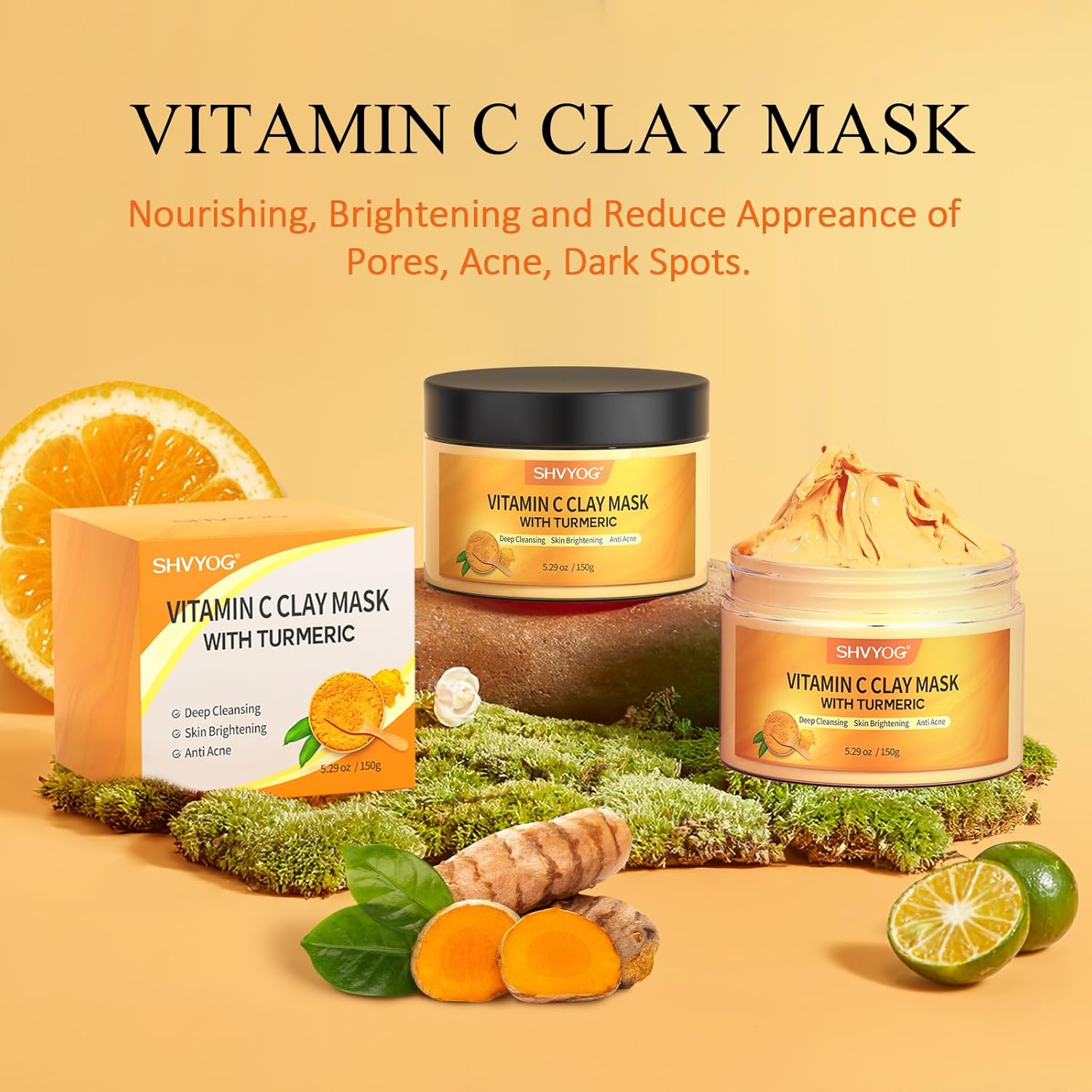 SHVYOG Turmeric Vitamin C Clay Mask with Kaolin Clay for Dull & Blemish-Prone Skin, Deep Cleansing Facial Mask, Face Masks Skincare for Controlling Oil and Refining Pores 5.29 Oz 150g - Image 8