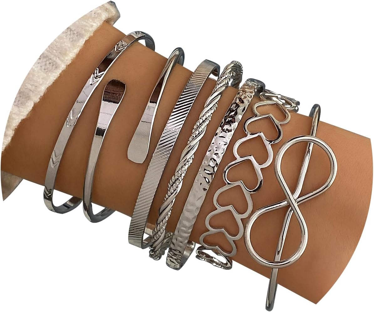 17IF Silver Bangle Bracelet for Women, 14k Multilayer Charm Textured Stackable Bracelets Lightning Bangles Indian Chunky Cuff Fashion Jewelry Gift - Image 2