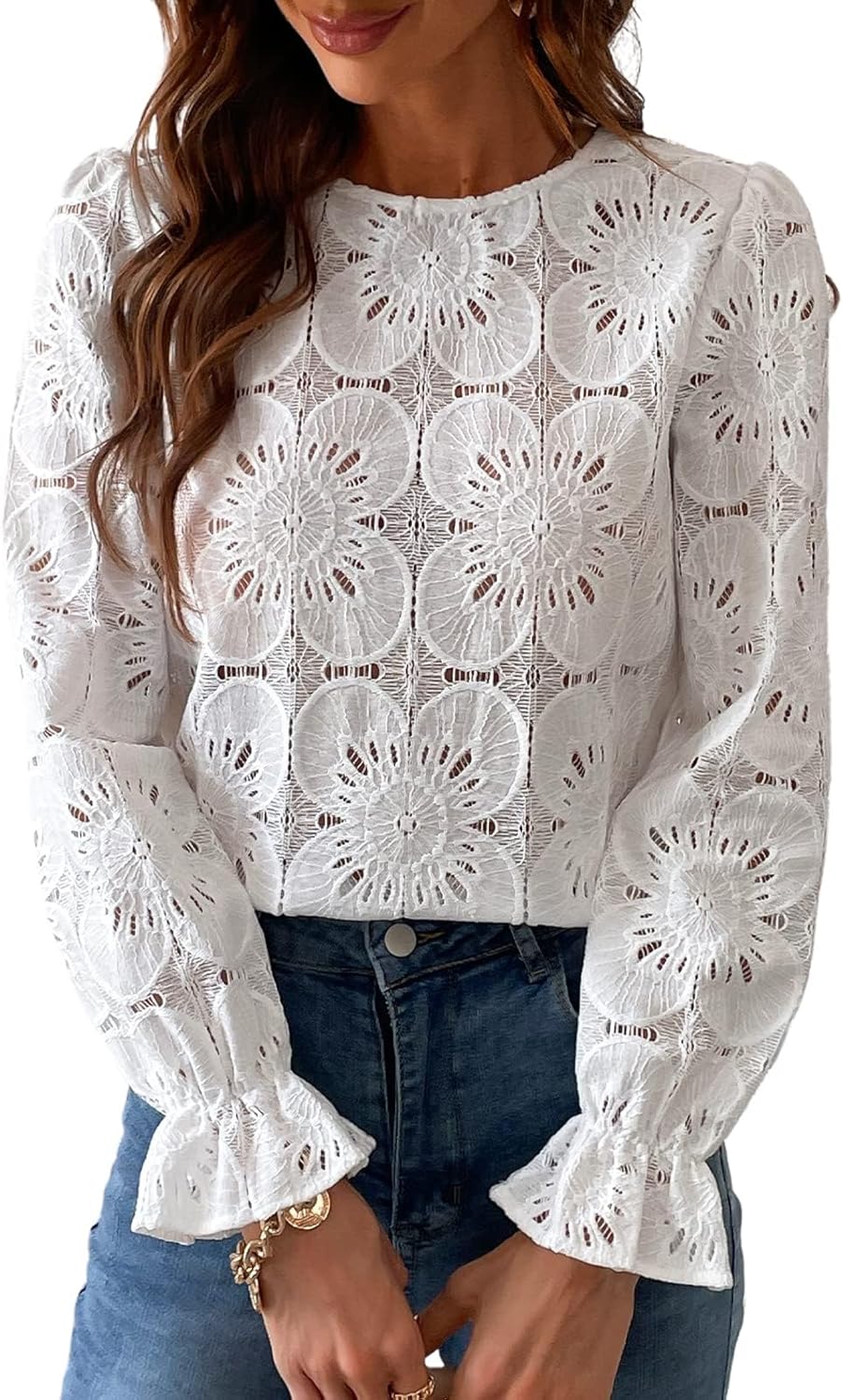 CUPSHE Women's Eyelet Long Sleeve Tops Shirts Dressy Hollow Out Crochet Lace Embroidered Blouses 2026 Fashion - Image 2