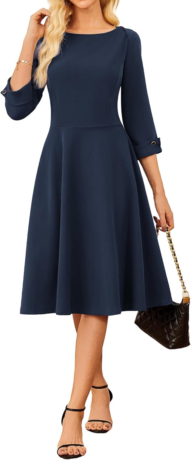 GRACE KARIN Work Dresses for Women 2025 3/4 Sleeve Fit and Flare Business Midi Dress Classy Office Dresses with Pockets - Image 2