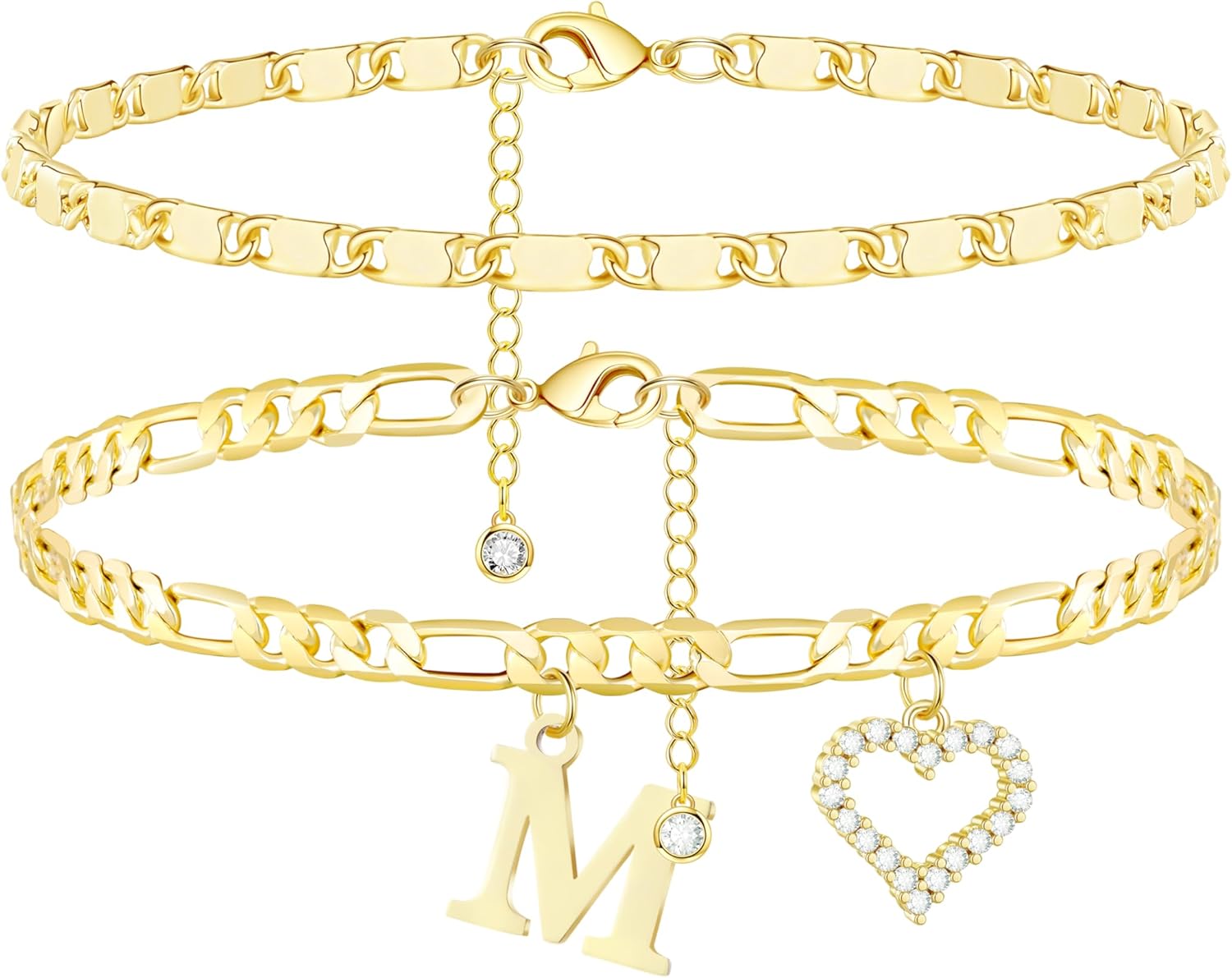 Initial Ankle Bracelets for Women Waterproof 14K Gold Plated Dainty Layered Figaro Chain Letter Initial CZ Heart Ankle Bracelets Set Summer Beach Jewelry for Women - Image 2