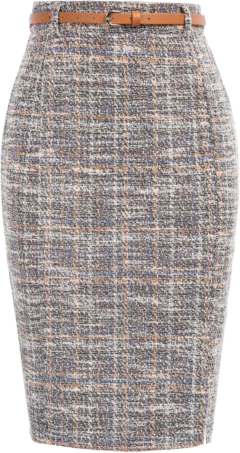 Kate Kasin Women's Tweed Pencil Skirt Knee Length High Waisted Skirts with Slit Elegant Skirts with Belt - Image 2
