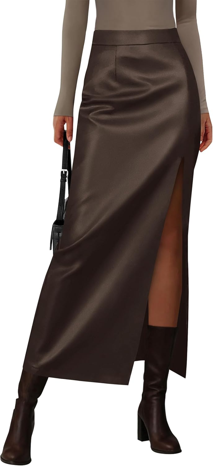 PRETTYGARDEN Womens Faux Leather Skirts 2026 Fall Fashion Bodycon High Waisted Slit Work Office Winter Maxi Long Pencil Skirt - Image 2