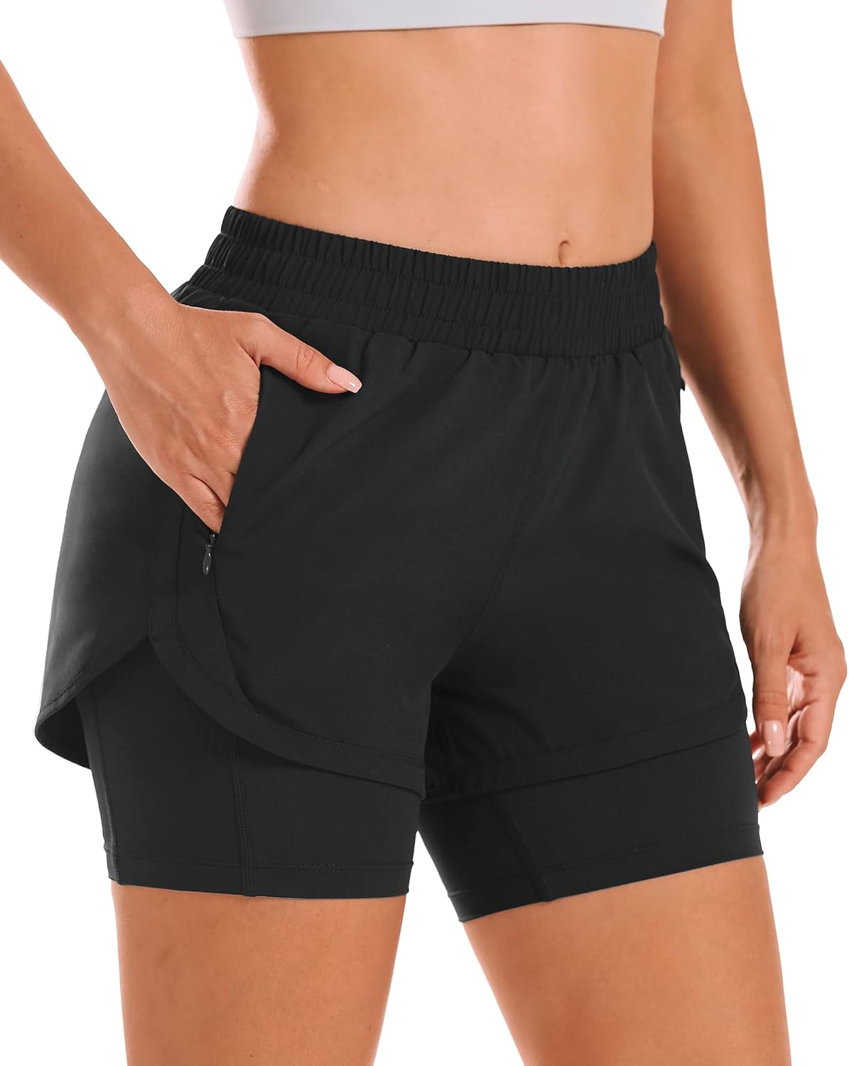 Stelle Women 2 in 1 Running Shorts High Waisted Athletic Shorts Gym Workout Shorts with Liner Zipper Pockets - Image 2