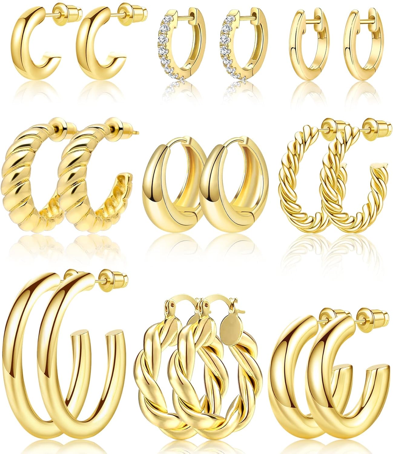 Valentines Day Gifts for Her - Adoyi 9 Pairs Gold Hoop Earrings Set for Womens Twisted Huggie Hoops Earrings 14K 18K Gold Plated for Girls Valentines Mother's Day Birthday Gifts Lightweight - Image 2