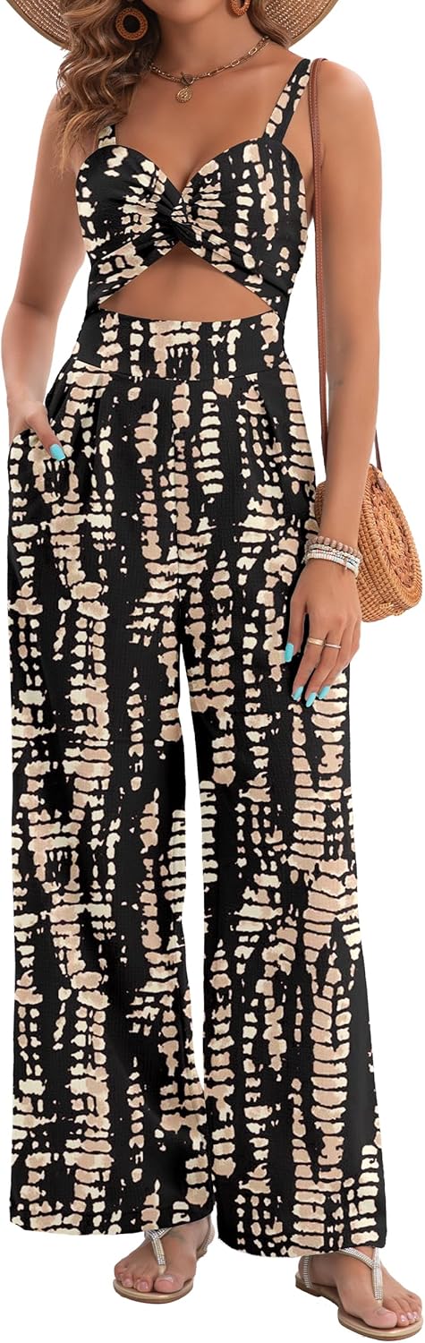 Womens Summer Jumpsuits Dressy Sexy V Neck Twist One Piece Outfits Sleeveless Casual Wide Leg Long Pant Rompers - Image 2