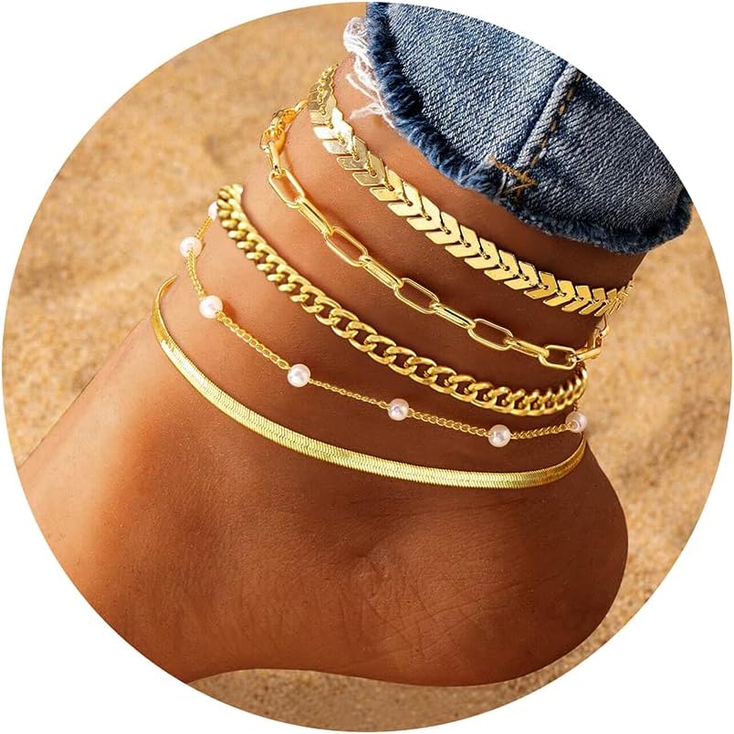 iF YOU Gold Ankle Bracelets for Women, 14k Gold Plated Waterproof Cuban Pearl Snake Chain Anklets Set, Gold Anklets for Women Beach Gift Adjustable Size - Image 2