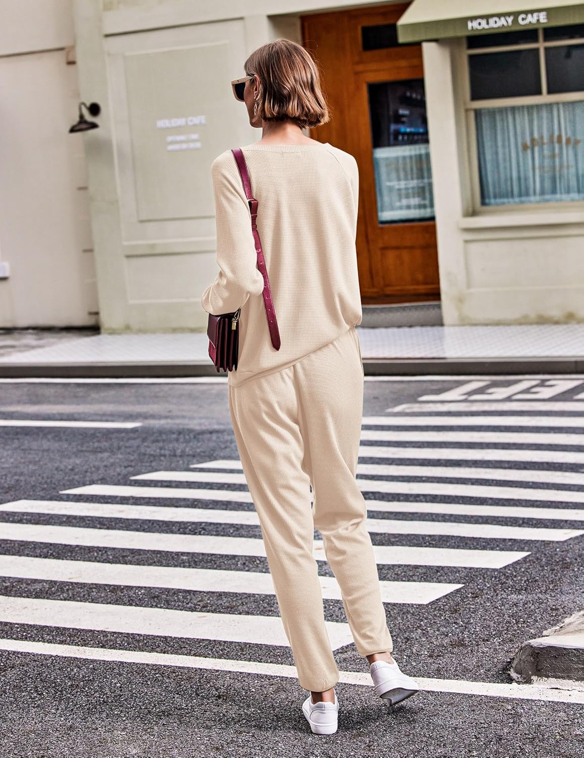 Ekouaer Pajamas Women's Waffle Knit Sleepwear Long Sleeve Top with Pants Casual Pjs Loungewear Set S-XXL - Image 4