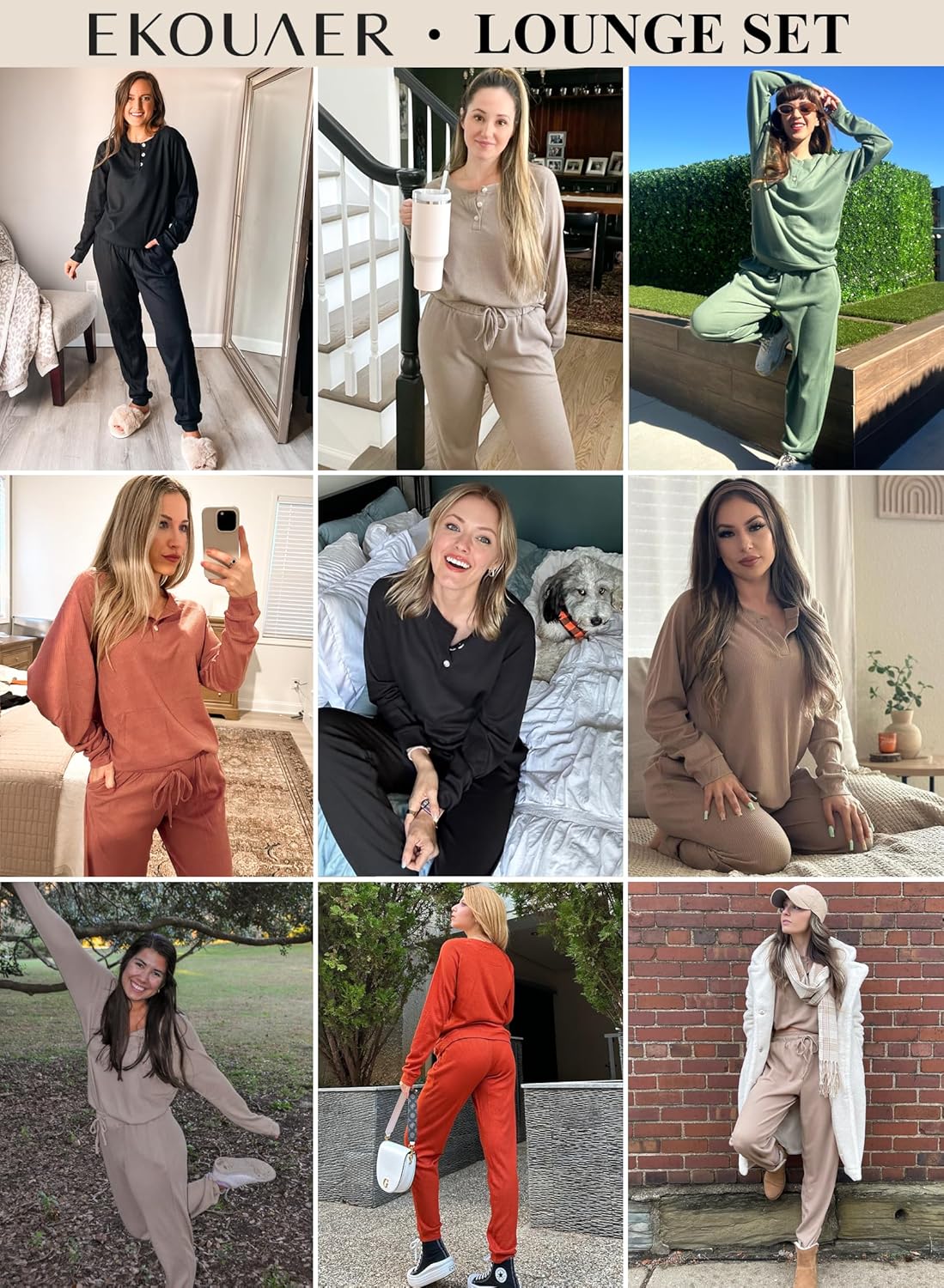 Ekouaer Pajamas Women's Waffle Knit Sleepwear Long Sleeve Top with Pants Casual Pjs Loungewear Set S-XXL - Image 5