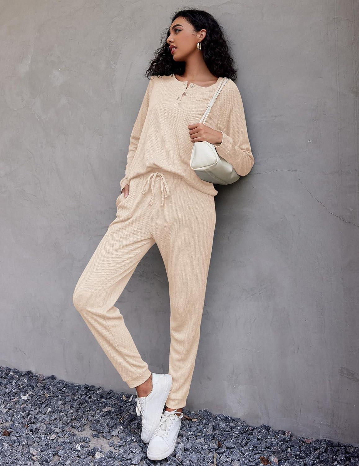 Ekouaer Pajamas Women's Waffle Knit Sleepwear Long Sleeve Top with Pants Casual Pjs Loungewear Set S-XXL - Image 6