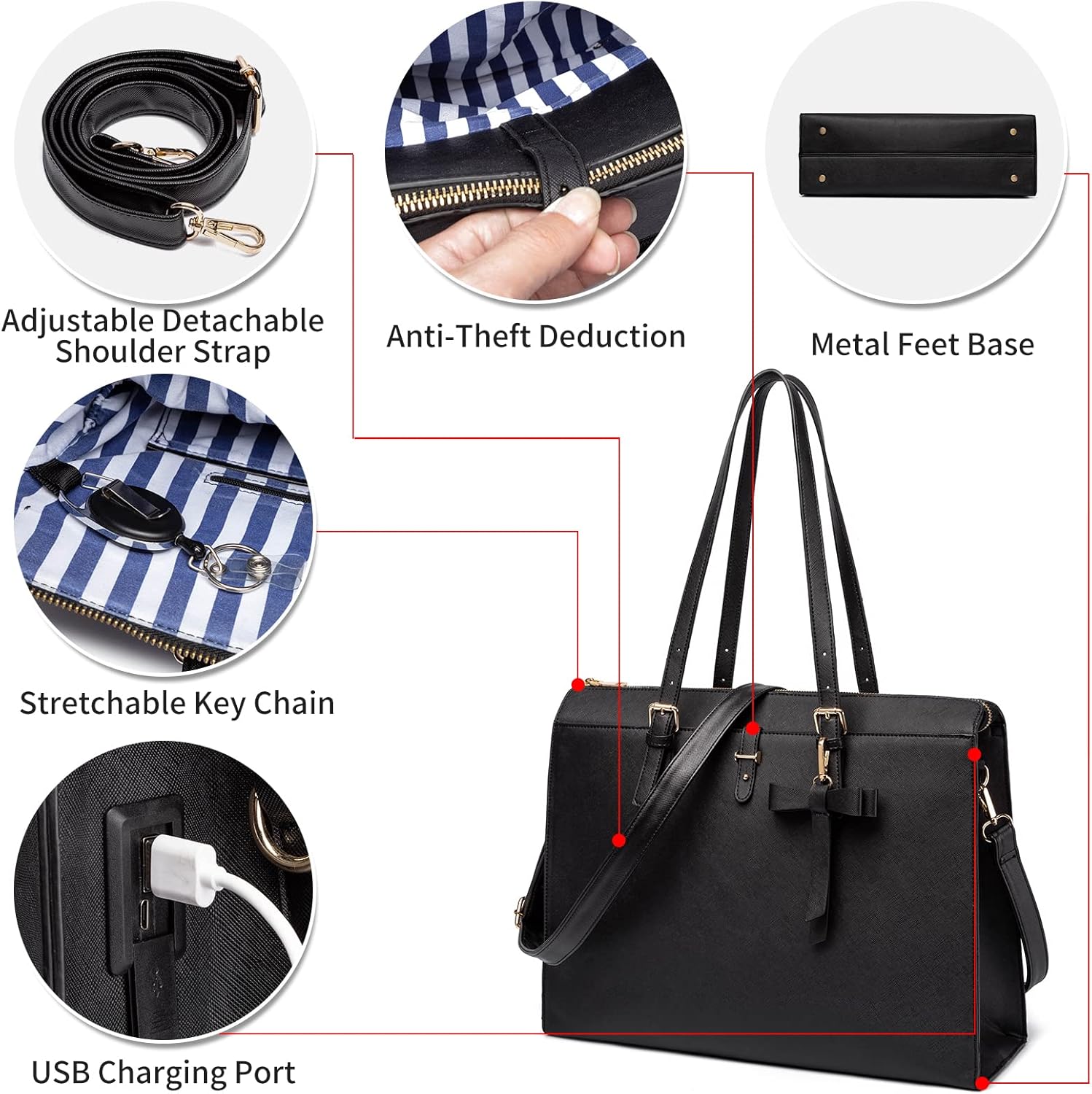 Keyli 4pc Sets Laptop Bag for Women Large Leather Laptop Briefcase with USB Charging Port Computer Shoulder tote Bags Purse - Image 6