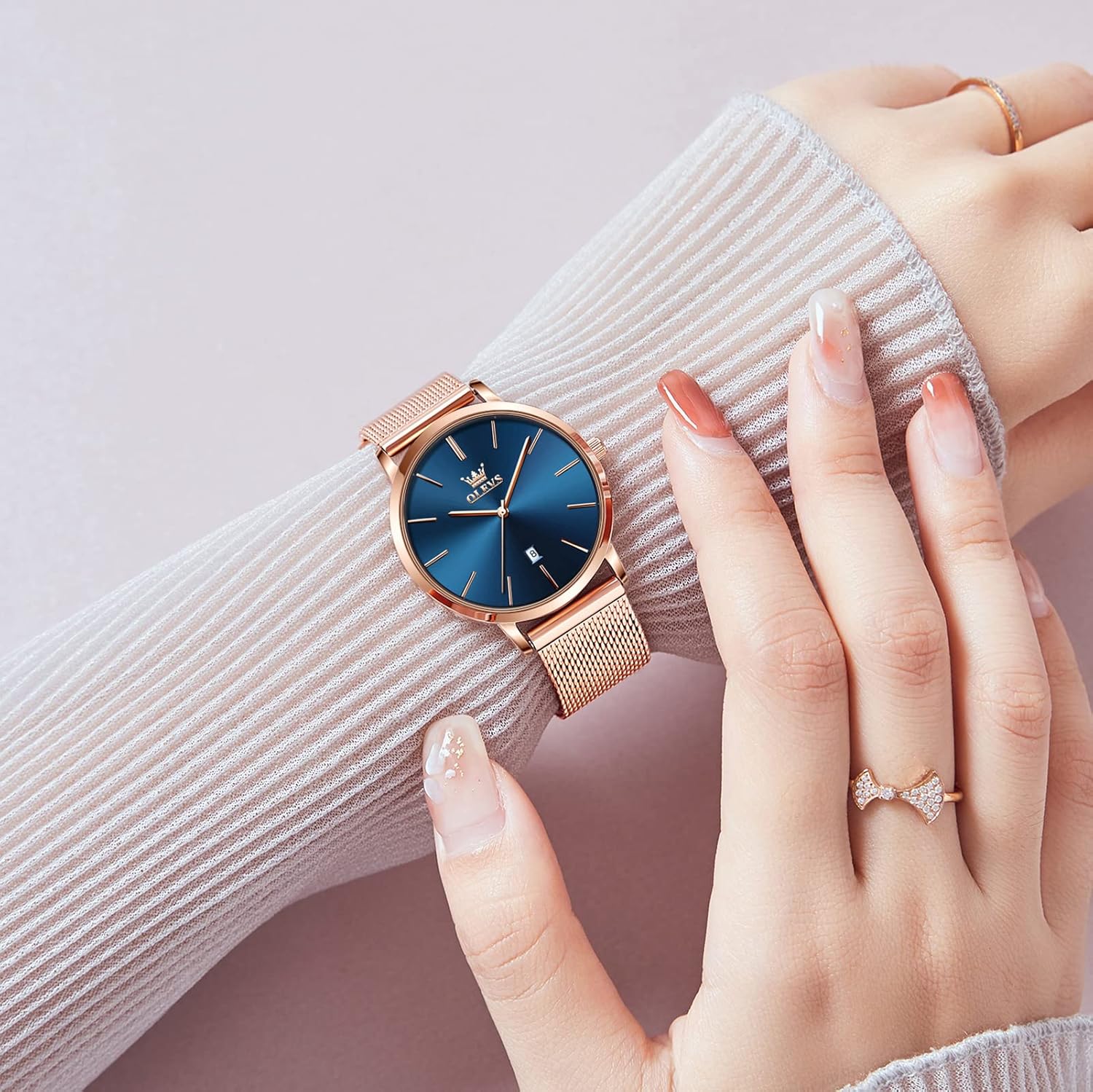 OLEVS Women's Mesh Bracelet Watch, Elegant Large Face Three Hand Analog Quartz Womens Wristwatch, Pretty Slim Date Display Waterproof Ladies Watches for Small Wrists - Image 3