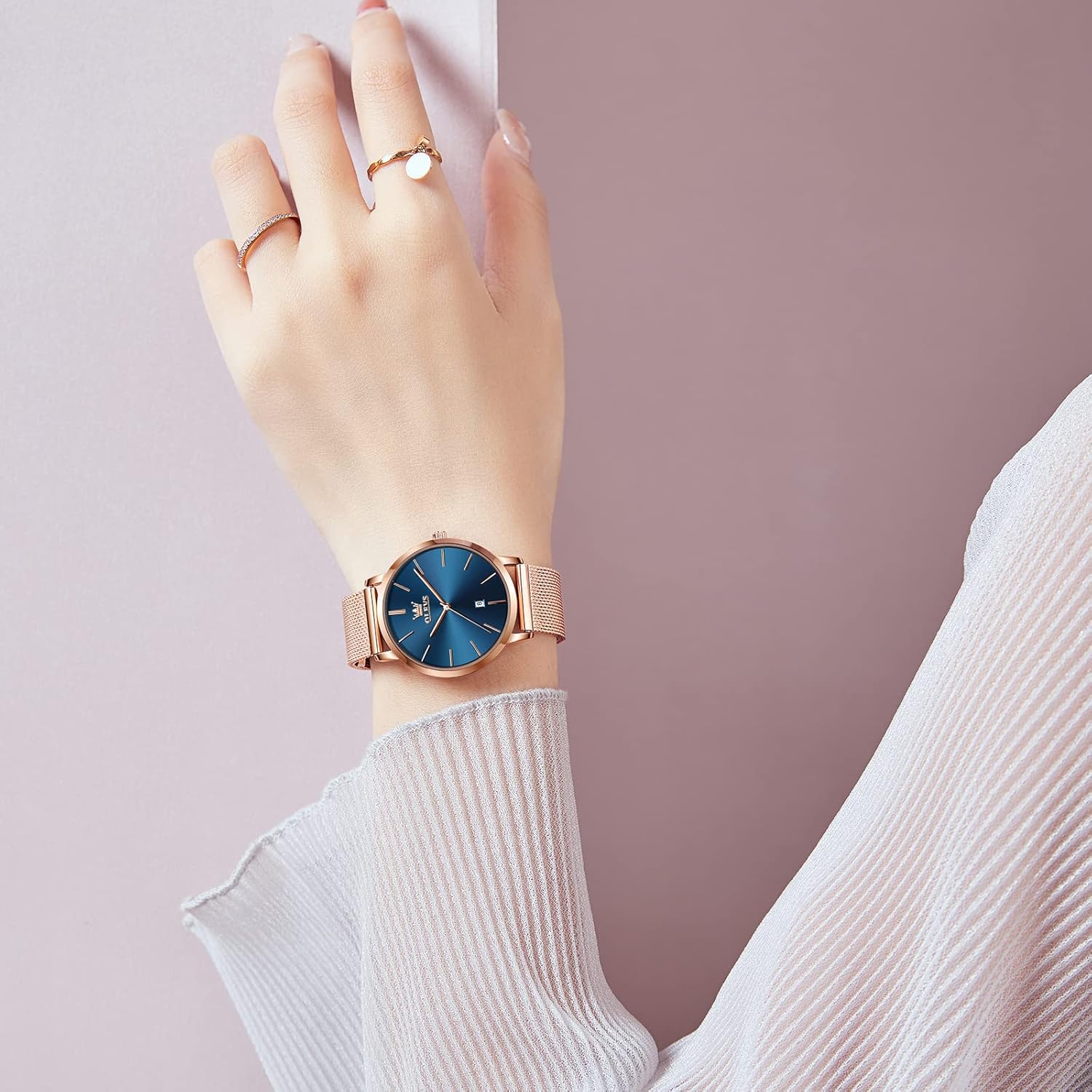 OLEVS Women's Mesh Bracelet Watch, Elegant Large Face Three Hand Analog Quartz Womens Wristwatch, Pretty Slim Date Display Waterproof Ladies Watches for Small Wrists - Image 4