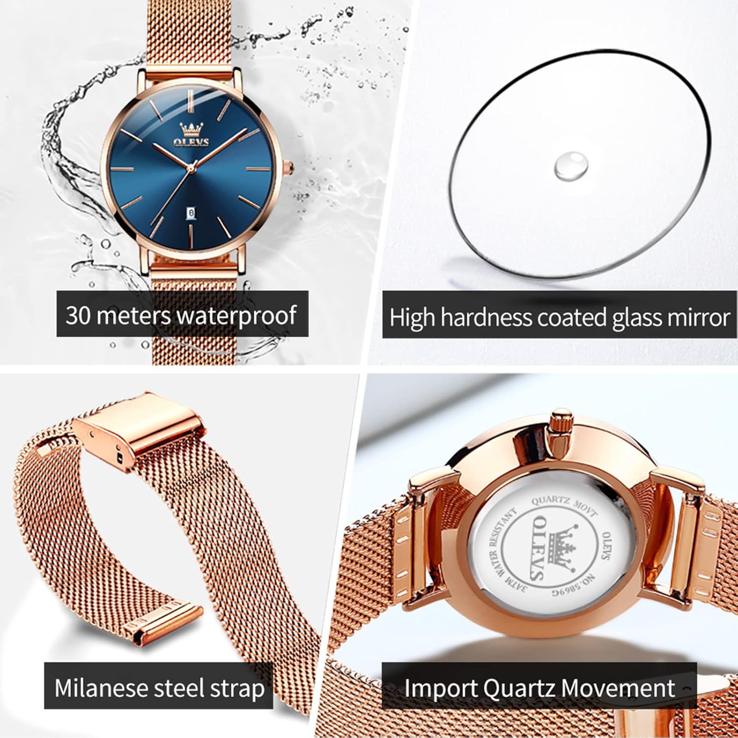 OLEVS Women's Mesh Bracelet Watch, Elegant Large Face Three Hand Analog Quartz Womens Wristwatch, Pretty Slim Date Display Waterproof Ladies Watches for Small Wrists - Image 5