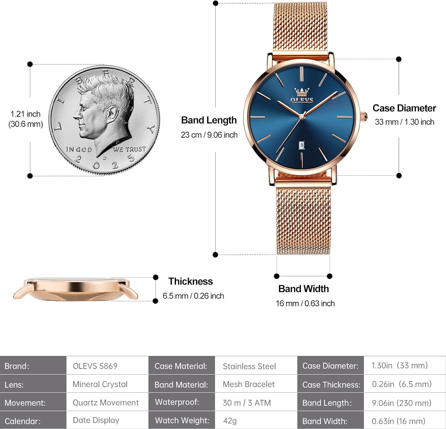 OLEVS Women's Mesh Bracelet Watch, Elegant Large Face Three Hand Analog Quartz Womens Wristwatch, Pretty Slim Date Display Waterproof Ladies Watches for Small Wrists - Image 6