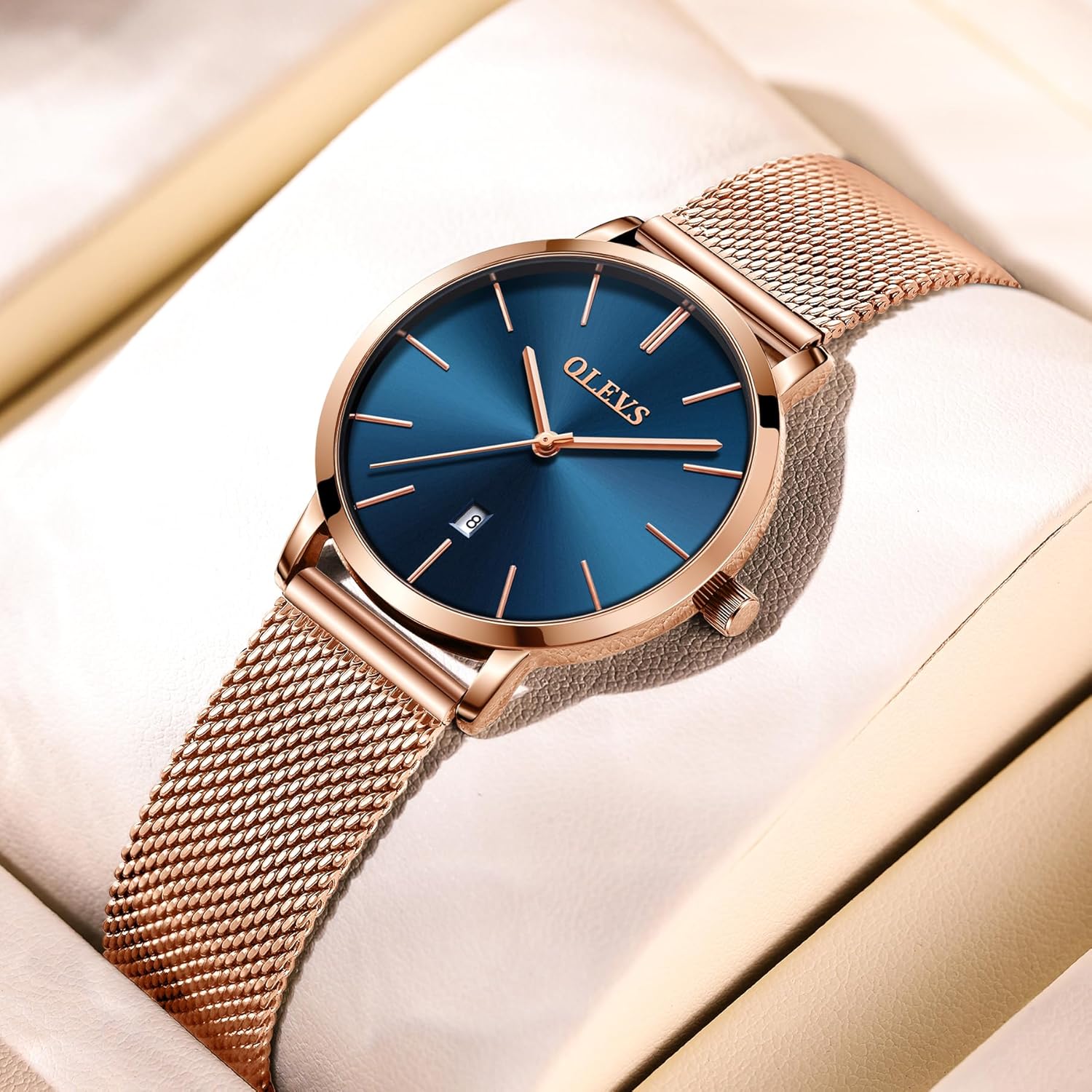 OLEVS Women's Mesh Bracelet Watch, Elegant Large Face Three Hand Analog Quartz Womens Wristwatch, Pretty Slim Date Display Waterproof Ladies Watches for Small Wrists - Image 8