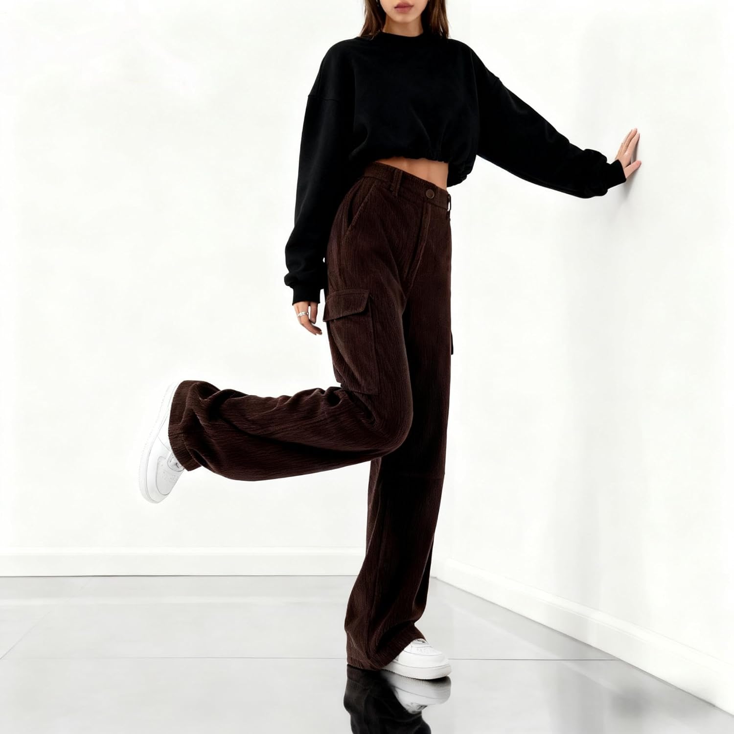 EMMIOL High Waisted Corduroy Pants for Women, Bootcut Wide Leg and Baggy, Cargo Vintage Loose Trouser in Dark Brown Black - Image 4