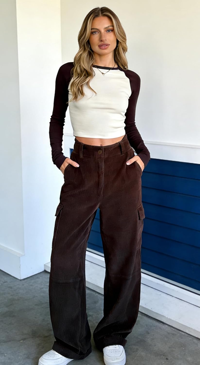 EMMIOL High Waisted Corduroy Pants for Women, Bootcut Wide Leg and Baggy, Cargo Vintage Loose Trouser in Dark Brown Black - Image 5