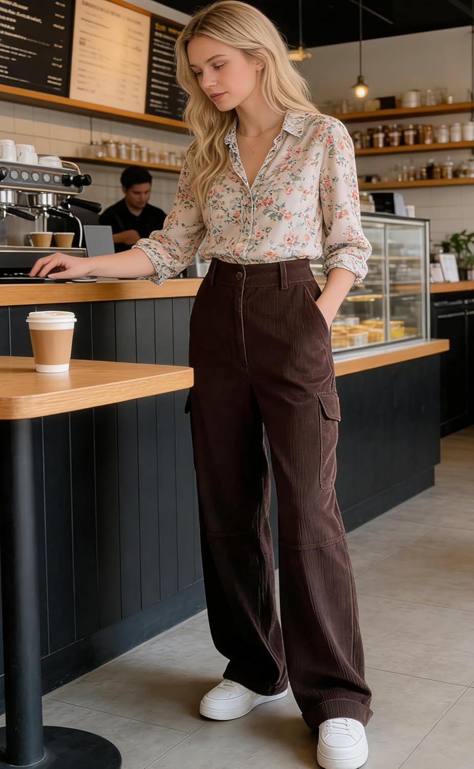 EMMIOL High Waisted Corduroy Pants for Women, Bootcut Wide Leg and Baggy, Cargo Vintage Loose Trouser in Dark Brown Black - Image 6