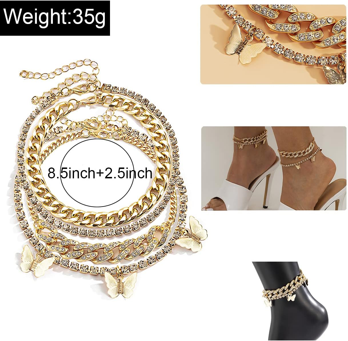 Layered Butterfly Anklet for Women Charms Butterfly Gold Silver Rhinestone Adjustable Cuban Anklets - Image 3