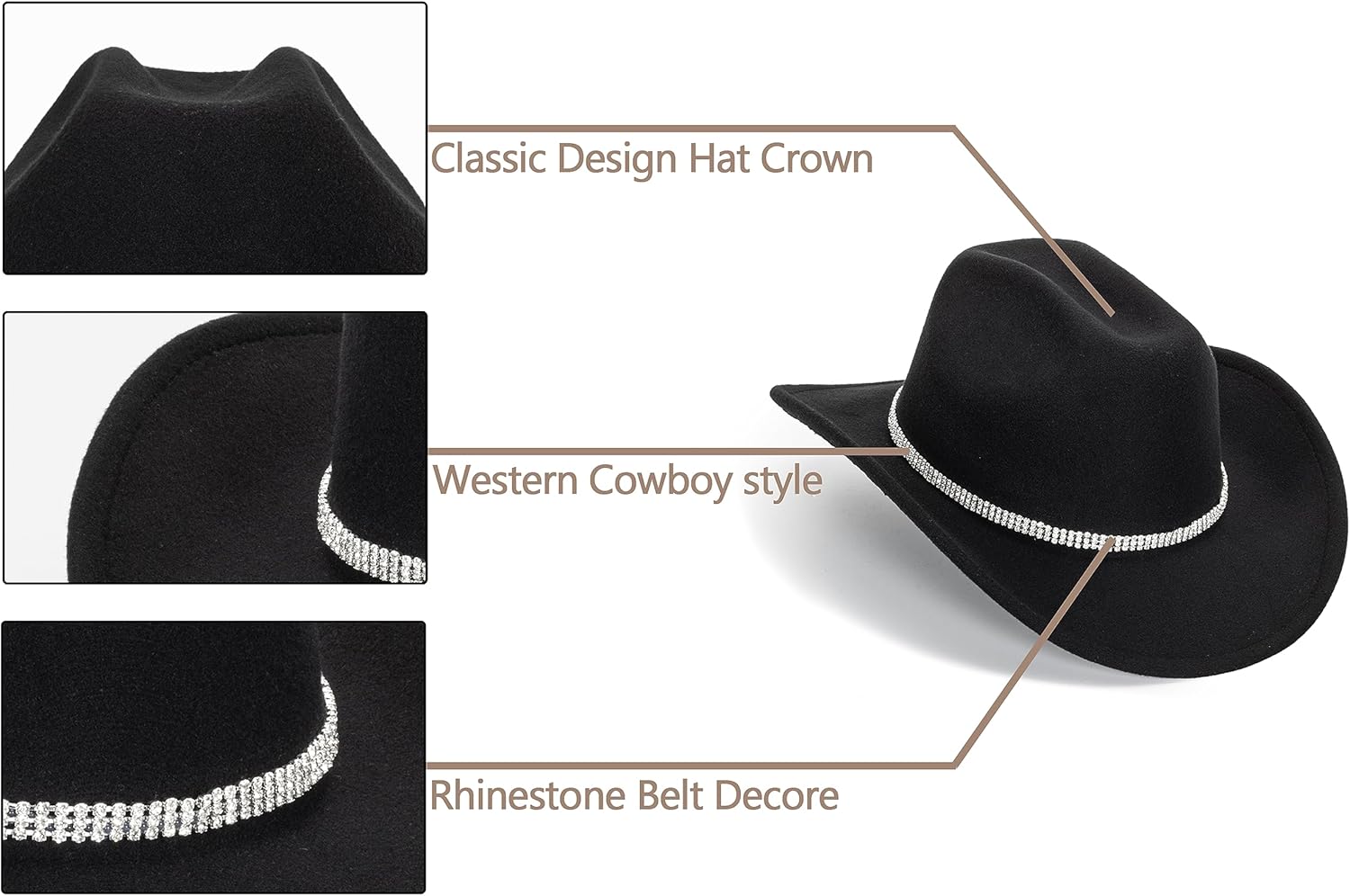 Western Cowboy Hat for Men Women Classic Fedora Hat with Buckle Belt (Size:M-L) - Image 8