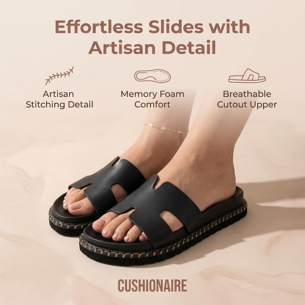 CUSHIONAIRE Crisp Women’s Slide Sandal – Faux Leather Cutout Slip-On with Artisan Stitching & Memory Foam, Wide Widths Available - Image 5