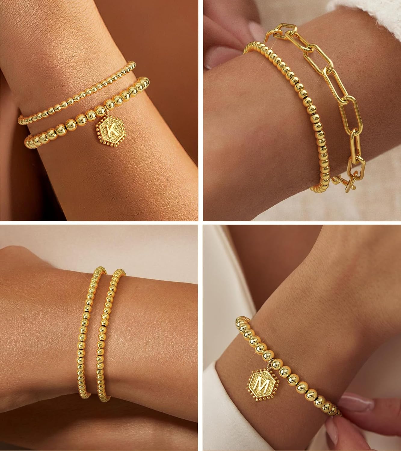 doubgood Gold Bracelets for Women, 14K Gold Plated Stackable Initial Beaded Bracelet with Letter Pendant Waterproof Stretch Trendy Stack Jewelry Set Gifts for Women - Image 5