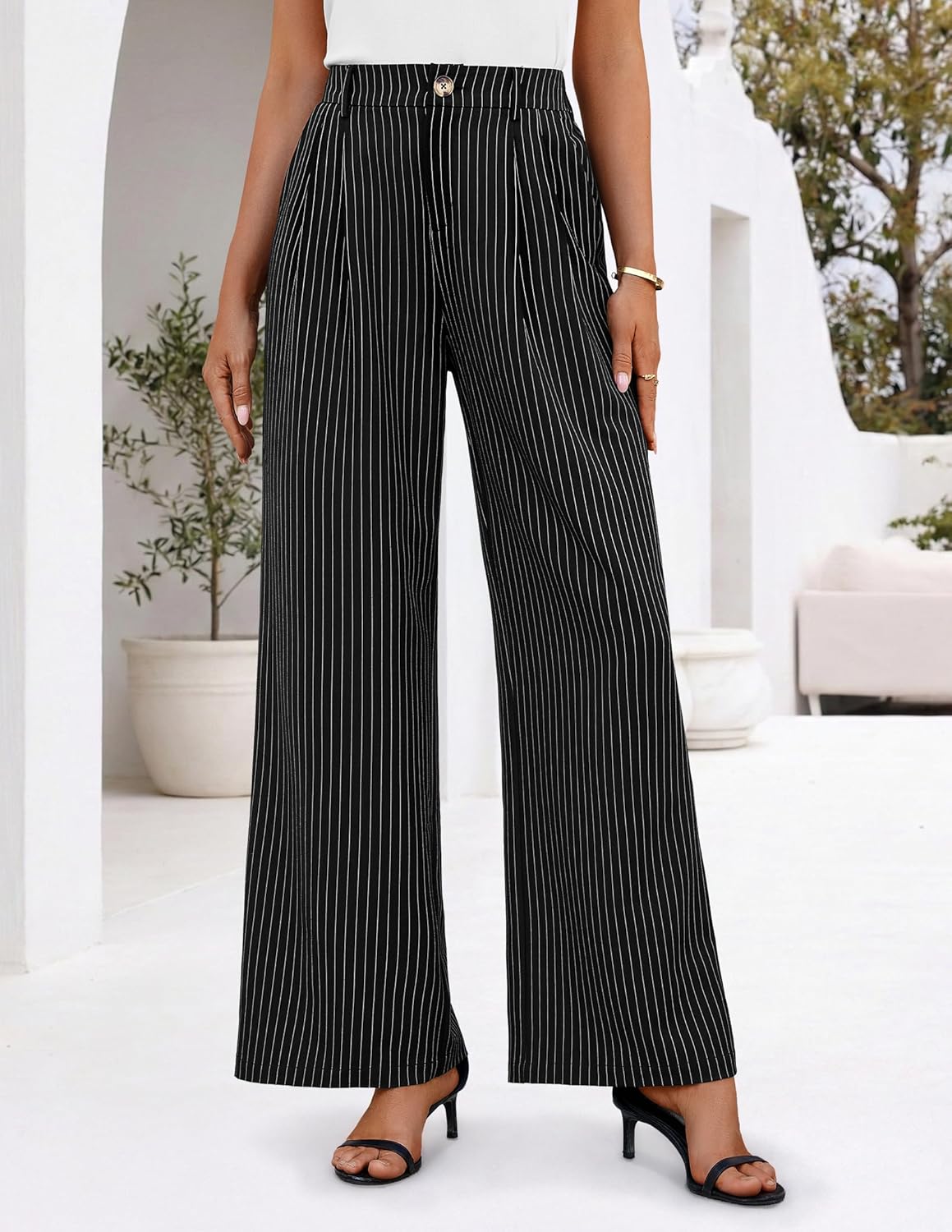 ZESICA Women's Wide Leg Striped Palazzo Pants 2026 Casual High Waist Straight Business Work Dressy Trousers with Pockets - Image 5