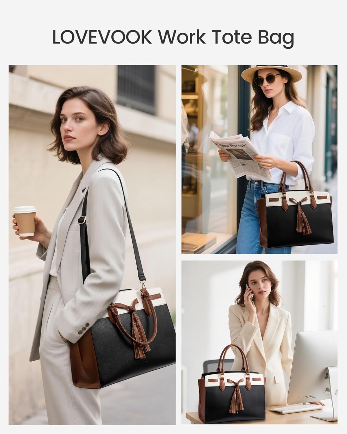 LOVEVOOK Laptop Bag for Women,Work Tote Bag with Large Cup Holder,Leather Computer Bag Teacher Bag Handbag Gifts for Women - Image 3