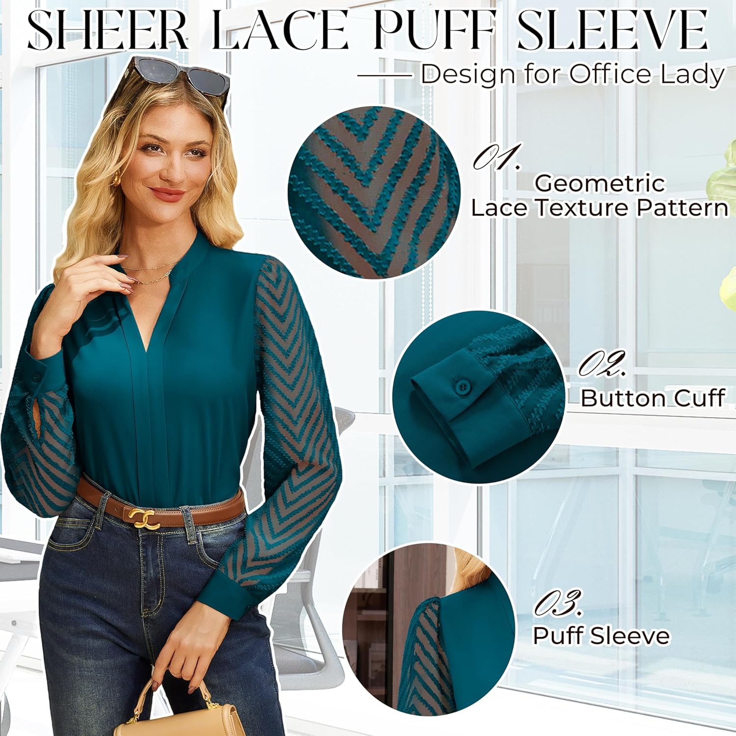 GRACE KARIN Women Business Casual Tops Sheer Lace Long Sleeve Blouses Work Office Pleated V Neck Shirt Fall Formal Outfits - Image 5