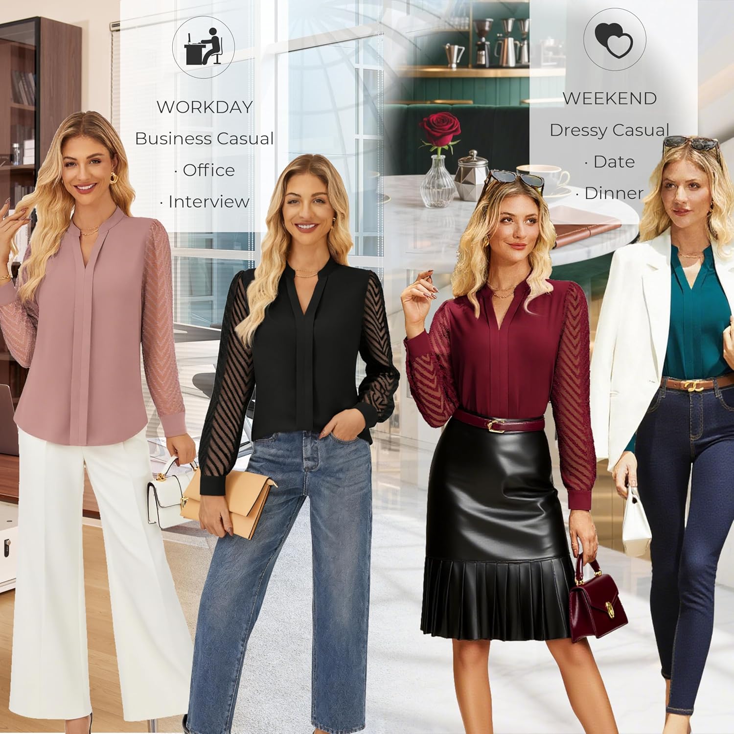 GRACE KARIN Women Business Casual Tops Sheer Lace Long Sleeve Blouses Work Office Pleated V Neck Shirt Fall Formal Outfits - Image 6