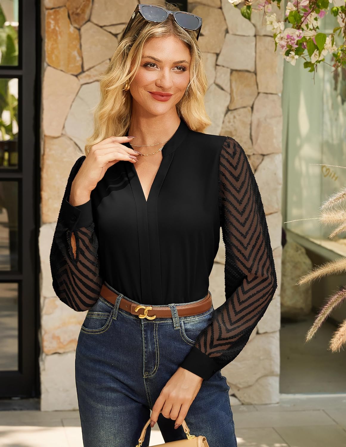 GRACE KARIN Women Business Casual Tops Sheer Lace Long Sleeve Blouses Work Office Pleated V Neck Shirt Fall Formal Outfits - Image 8