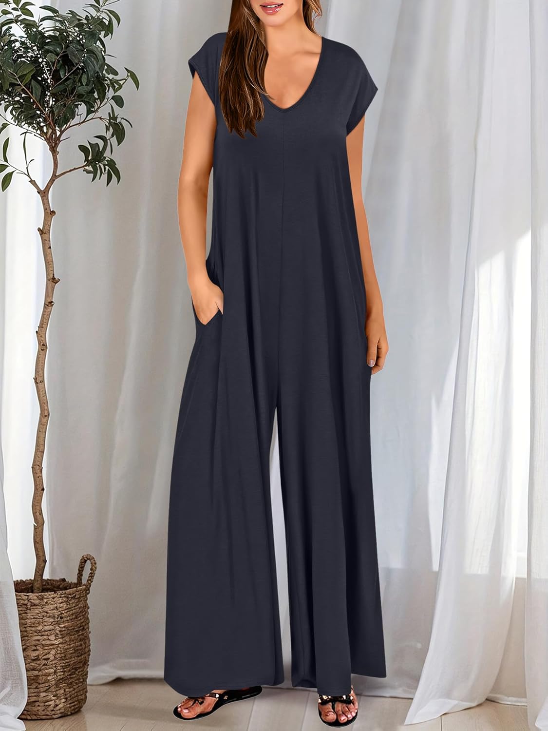 ANRABESS Jumpsuits for Women 2026 Summer Casual Loose Cap Sleeve Crewneck Wide Leg Rompers Jumper One Piece Beach Outfits - Image 4