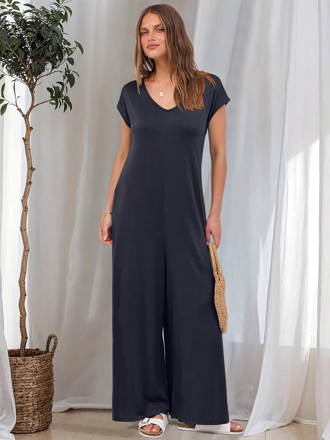 ANRABESS Jumpsuits for Women 2026 Summer Casual Loose Cap Sleeve Crewneck Wide Leg Rompers Jumper One Piece Beach Outfits - Image 9