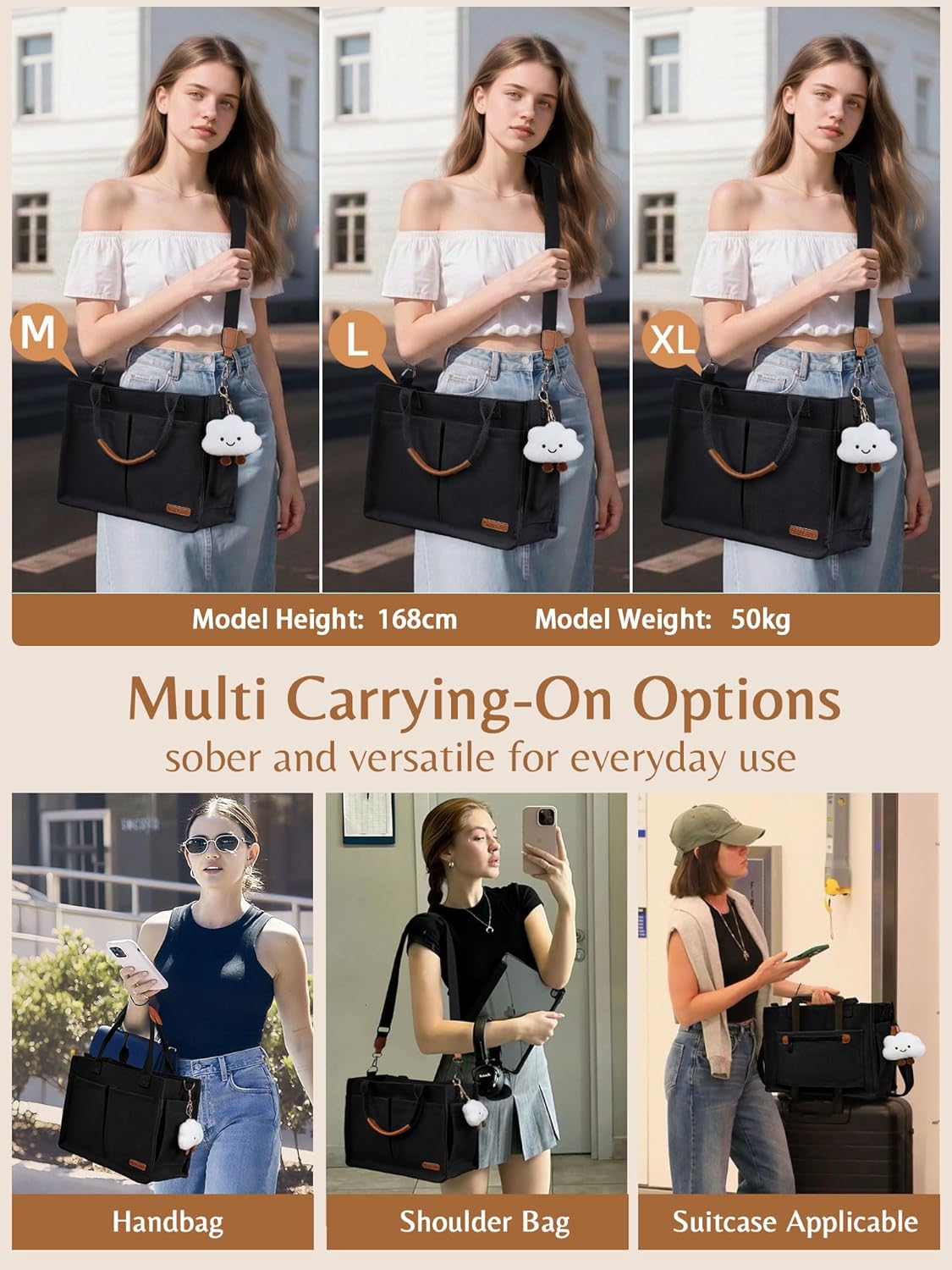 BESBESME Canvas Tote Bag for Women with Zipper & Compartments– Large Work & College Laptop Tote Crossbody Shoulder Bag - Image 6