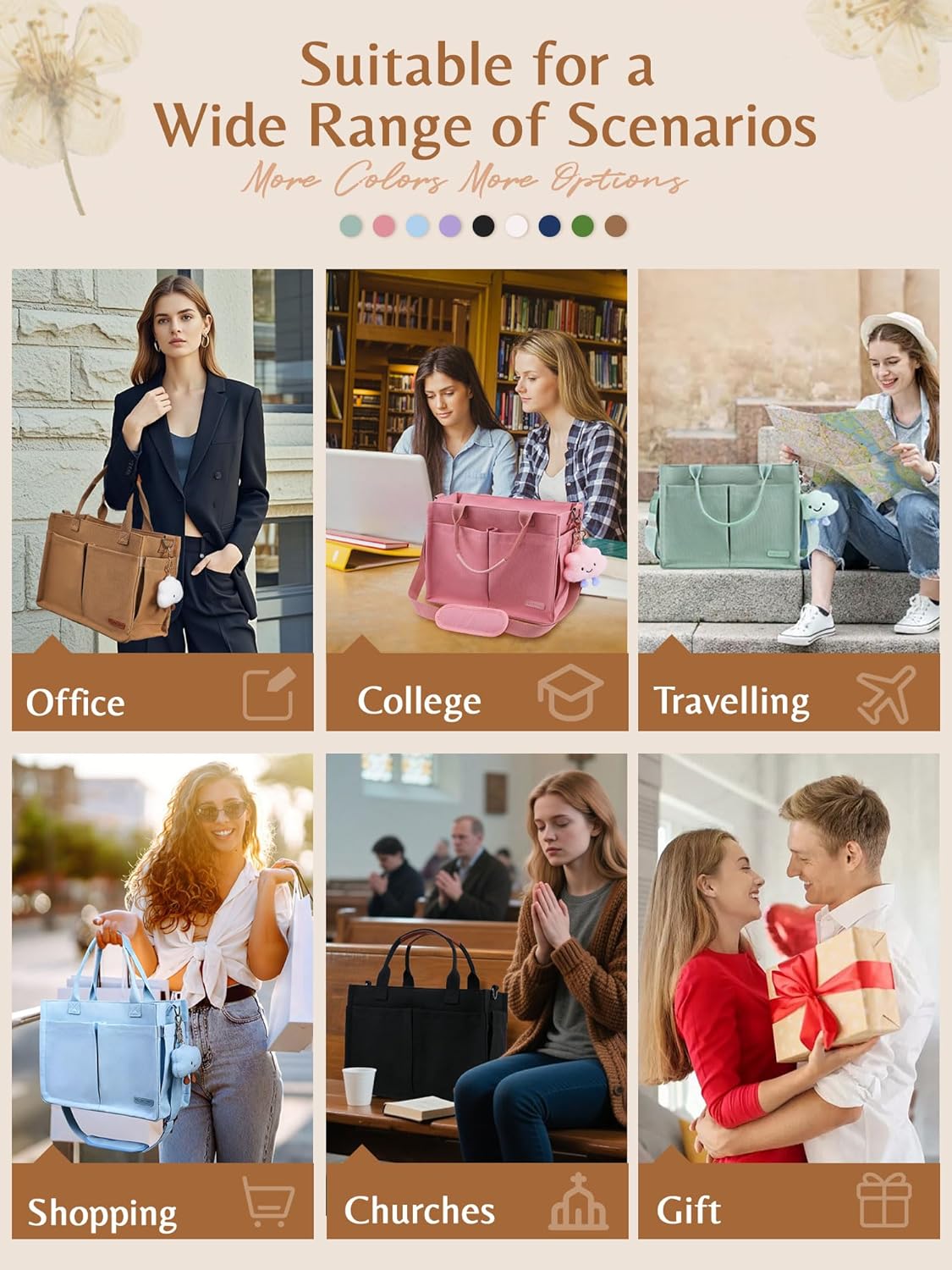 BESBESME Canvas Tote Bag for Women with Zipper & Compartments– Large Work & College Laptop Tote Crossbody Shoulder Bag - Image 8