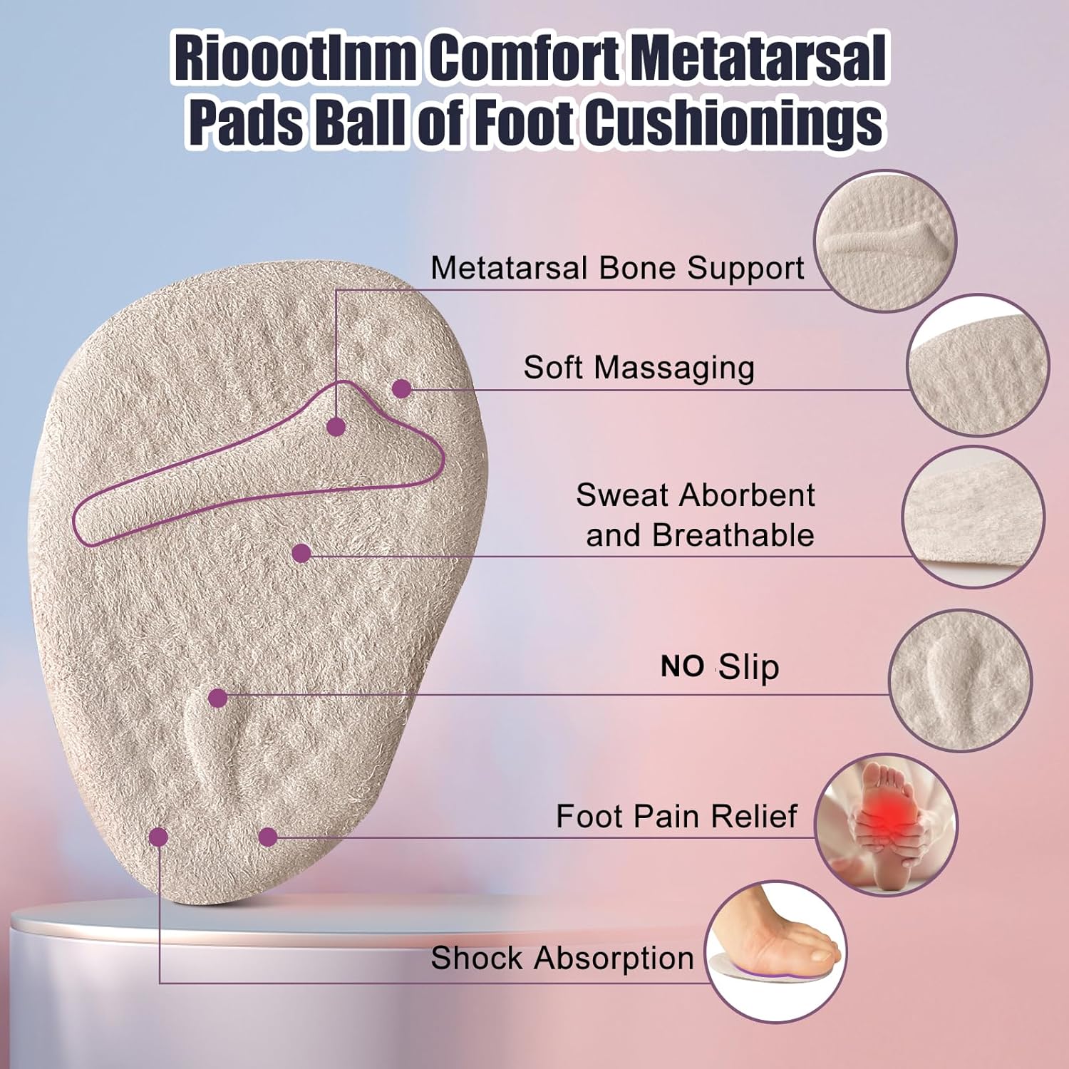 Riootlnm Metatarsal Pads, Ball of Foot Cushions, Heel Pads Inserts for Too Big Shoe, Reduce Foot Pain, No Slip Heel Grips Liners Pads for Loose Shoe, Blisters (Beige+Black) - Image 3