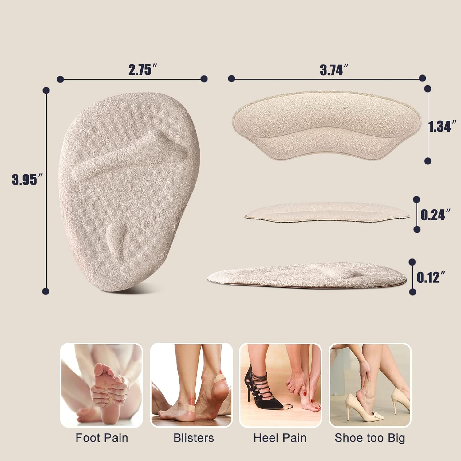 Riootlnm Metatarsal Pads, Ball of Foot Cushions, Heel Pads Inserts for Too Big Shoe, Reduce Foot Pain, No Slip Heel Grips Liners Pads for Loose Shoe, Blisters (Beige+Black) - Image 7