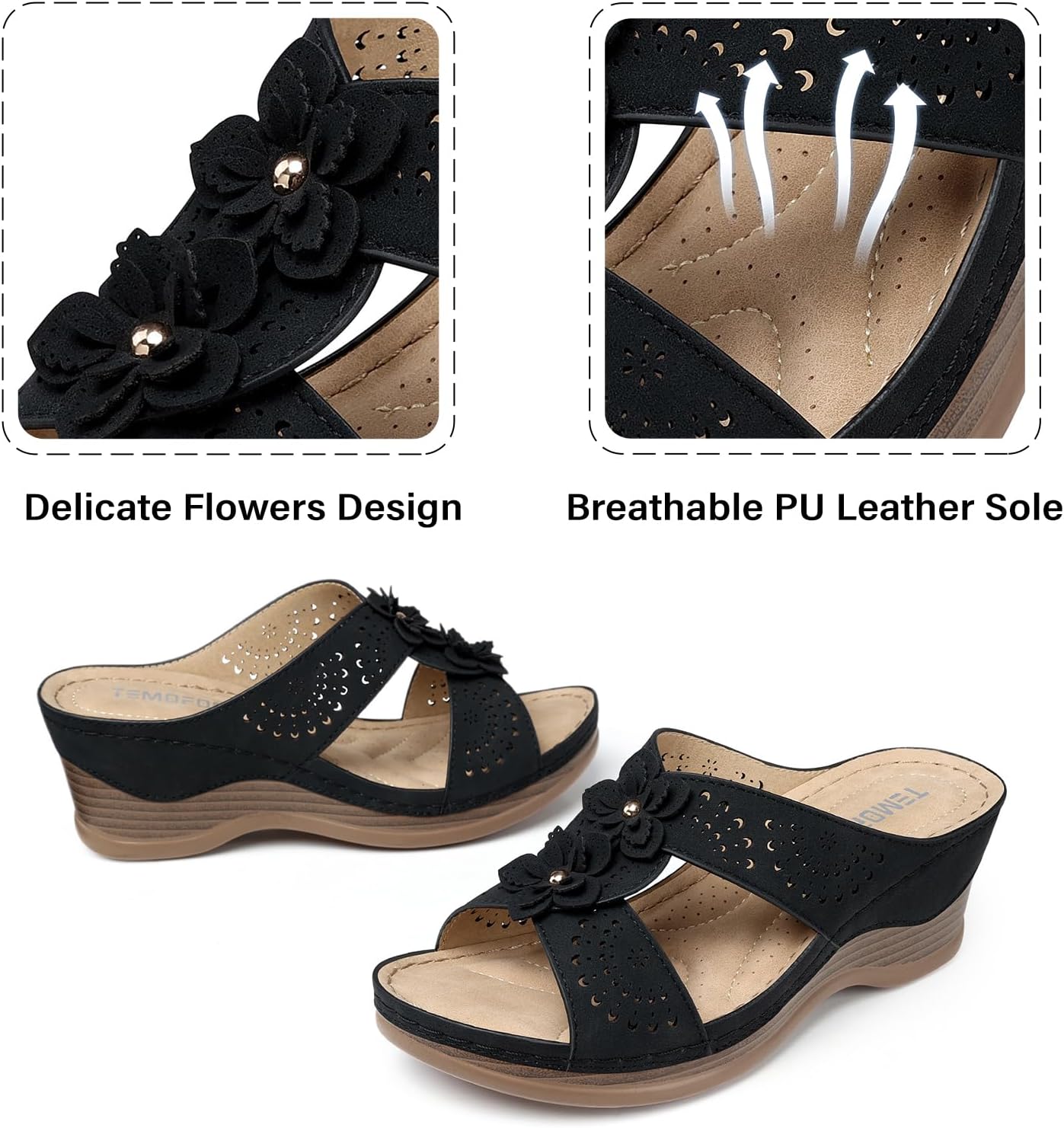 TEMOFON Womens Wedge Sandals Leather: Dressy Sandal, Rubber Sole, Comfortable Walking, Casual Slip on Summer Shoes, Size 5-11 - Image 5