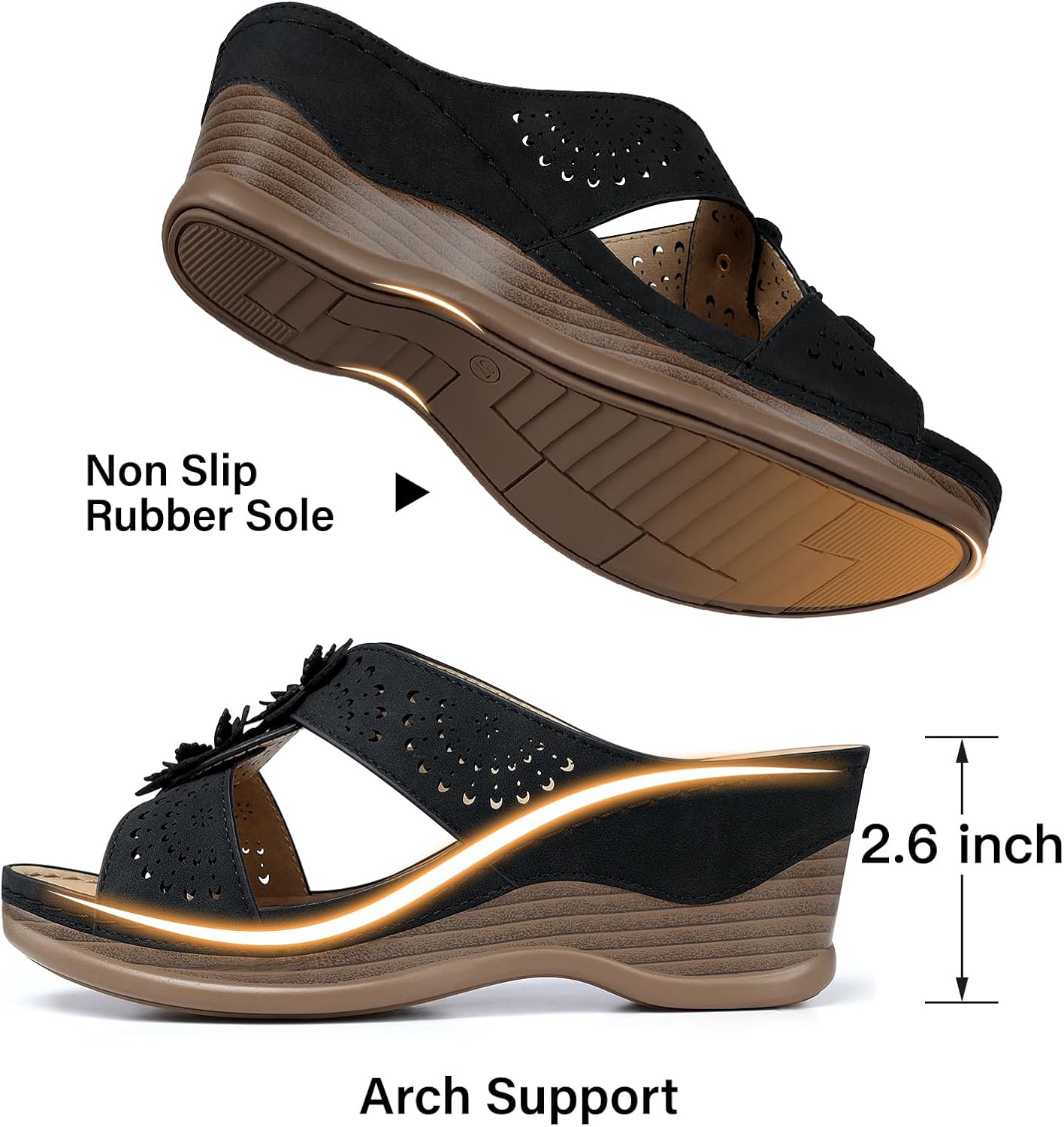 TEMOFON Womens Wedge Sandals Leather: Dressy Sandal, Rubber Sole, Comfortable Walking, Casual Slip on Summer Shoes, Size 5-11 - Image 6