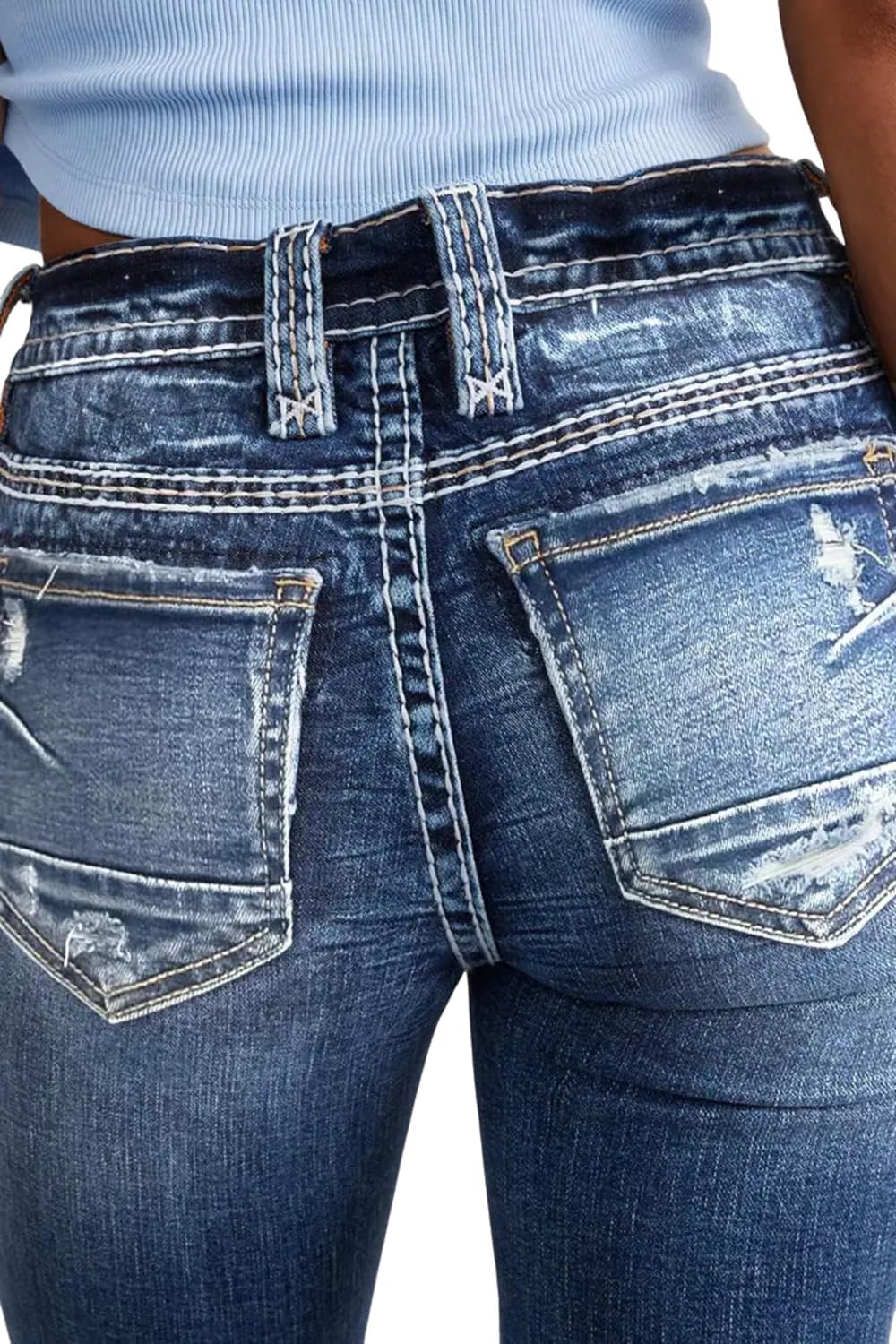 Women Mid Waisted Bootcut Jeans Zip Stretchy Slim Casual Double Button Flare Denim Pants with Distressed Pocket - Image 4