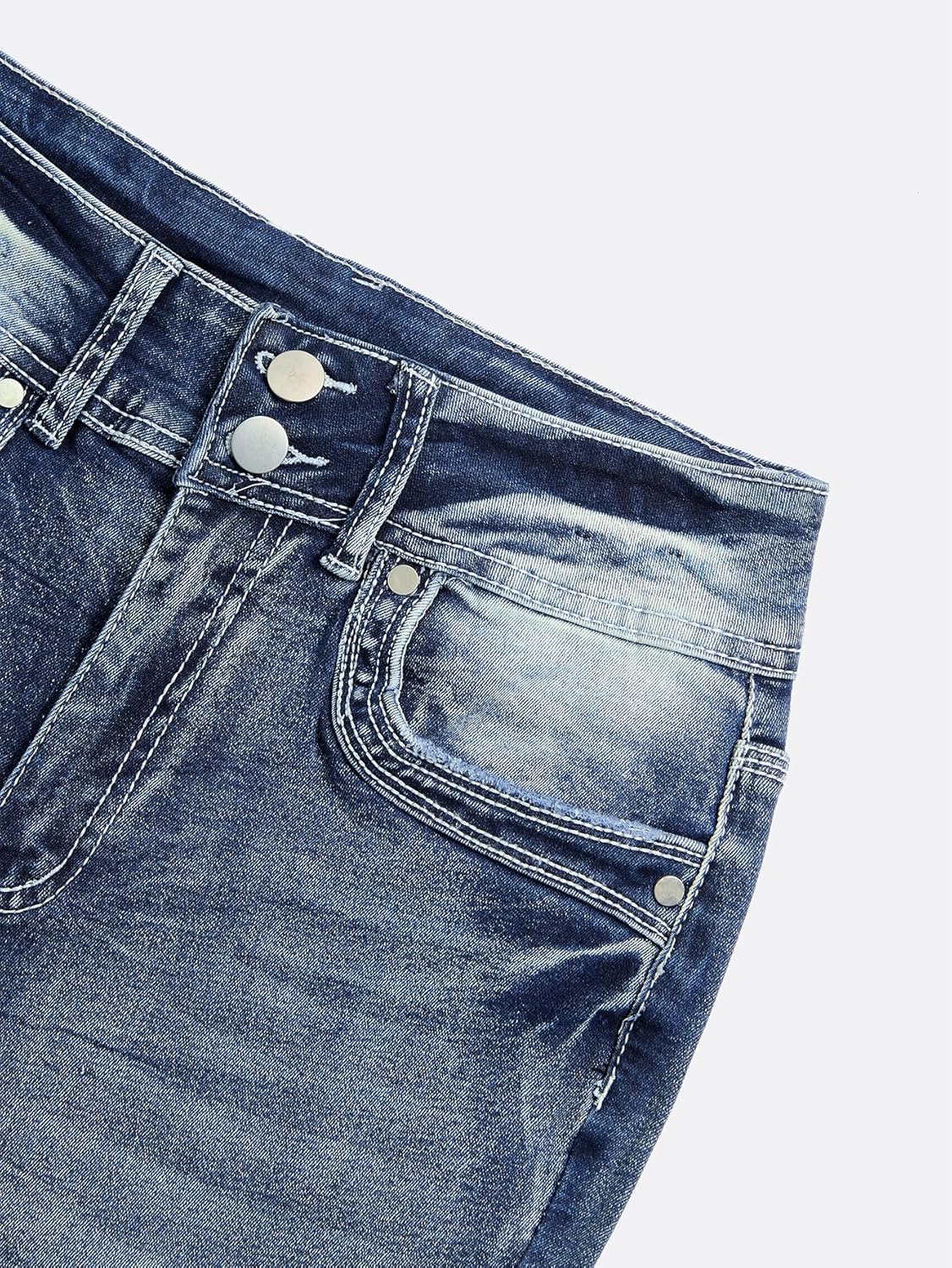 Women Mid Waisted Bootcut Jeans Zip Stretchy Slim Casual Double Button Flare Denim Pants with Distressed Pocket - Image 5