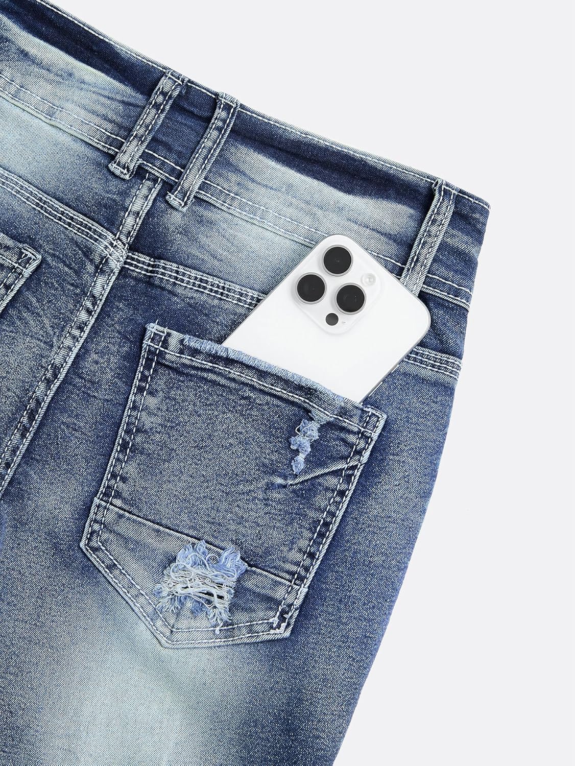 Women Mid Waisted Bootcut Jeans Zip Stretchy Slim Casual Double Button Flare Denim Pants with Distressed Pocket - Image 7