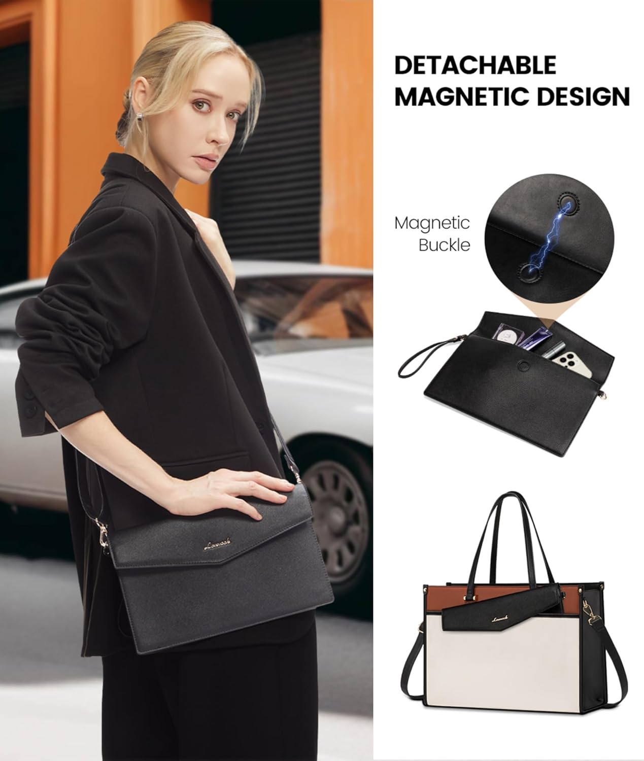 LOVEVOOK Laptop Bag for Women, 15.6'' Laptop Tote Purse 2-in-1 Professional Work Bag Business Briefcase with Clutch Purse, Waterproof Leather Computer Handbag for Teacher Office Travel - Image 7