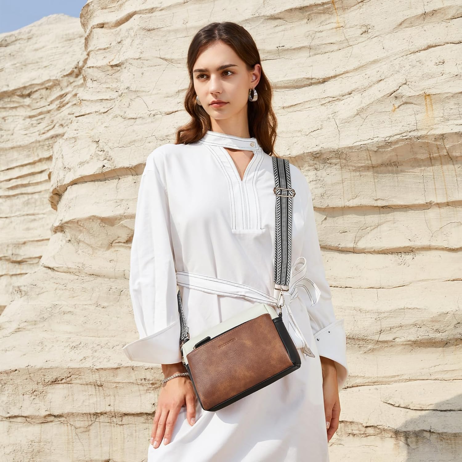 BOSTANTEN Small Crossbody Purse for Women Triple Zip Cell Phone Leather Handbag with Colored Shoulder Strap - Image 3