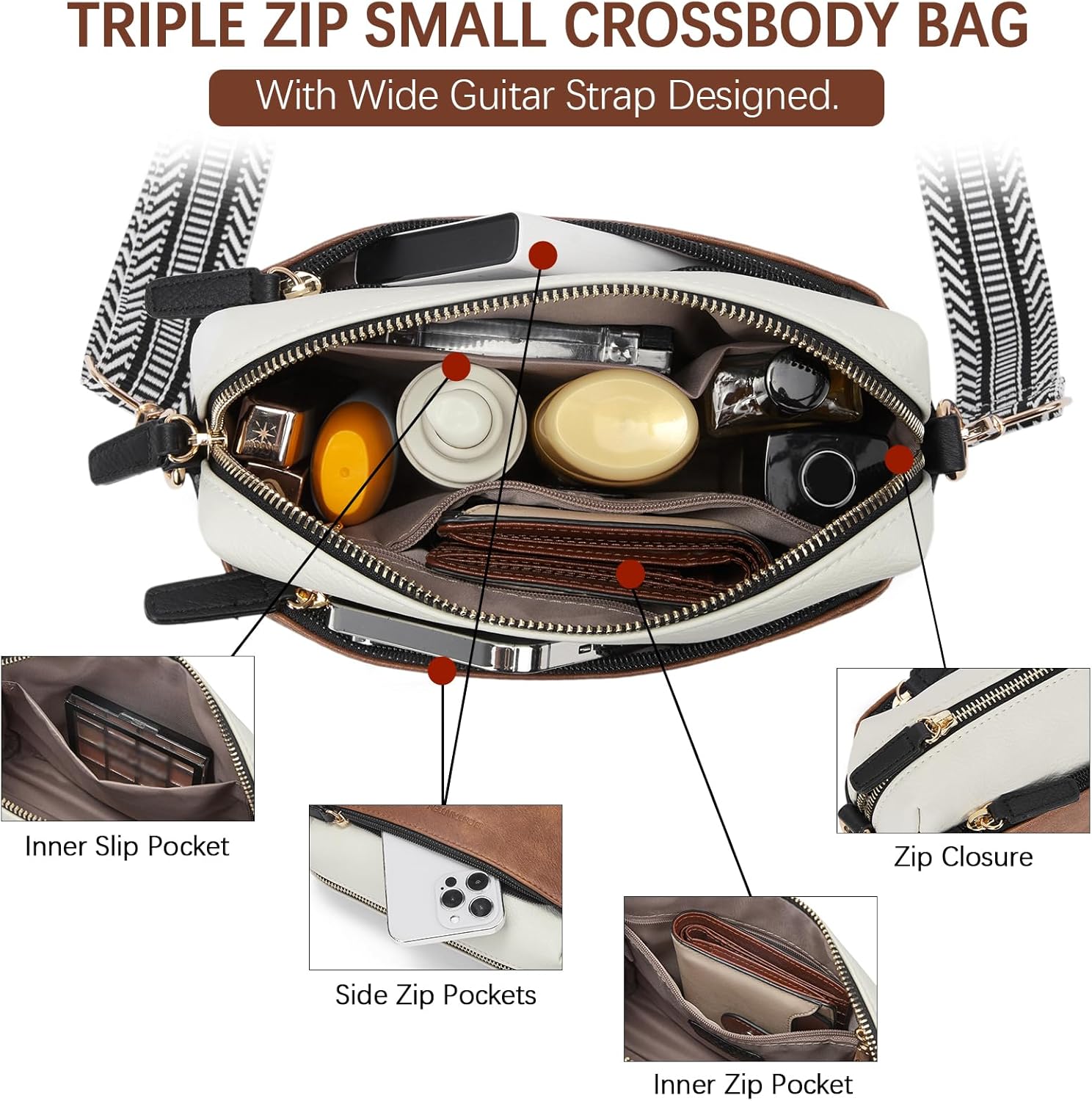 BOSTANTEN Small Crossbody Purse for Women Triple Zip Cell Phone Leather Handbag with Colored Shoulder Strap - Image 7