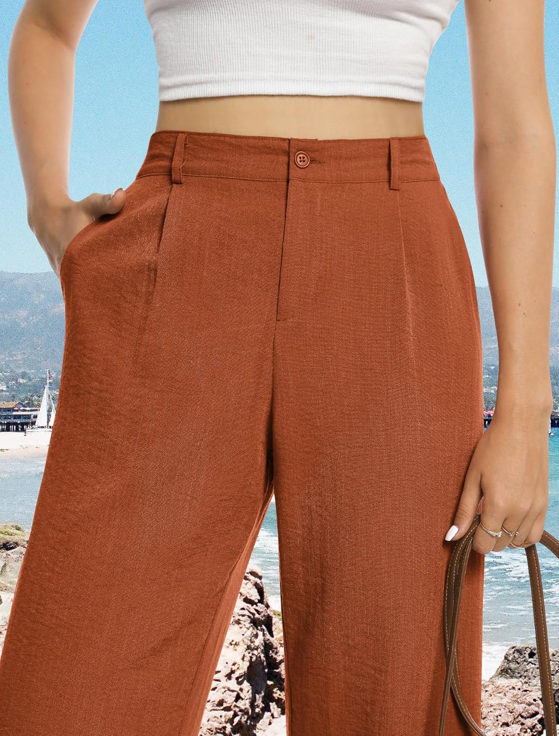 Feiersi Womens Casual Wide Leg Pants High Waisted Button Down Straight Long Trousers Palazzo Pants - Image 3