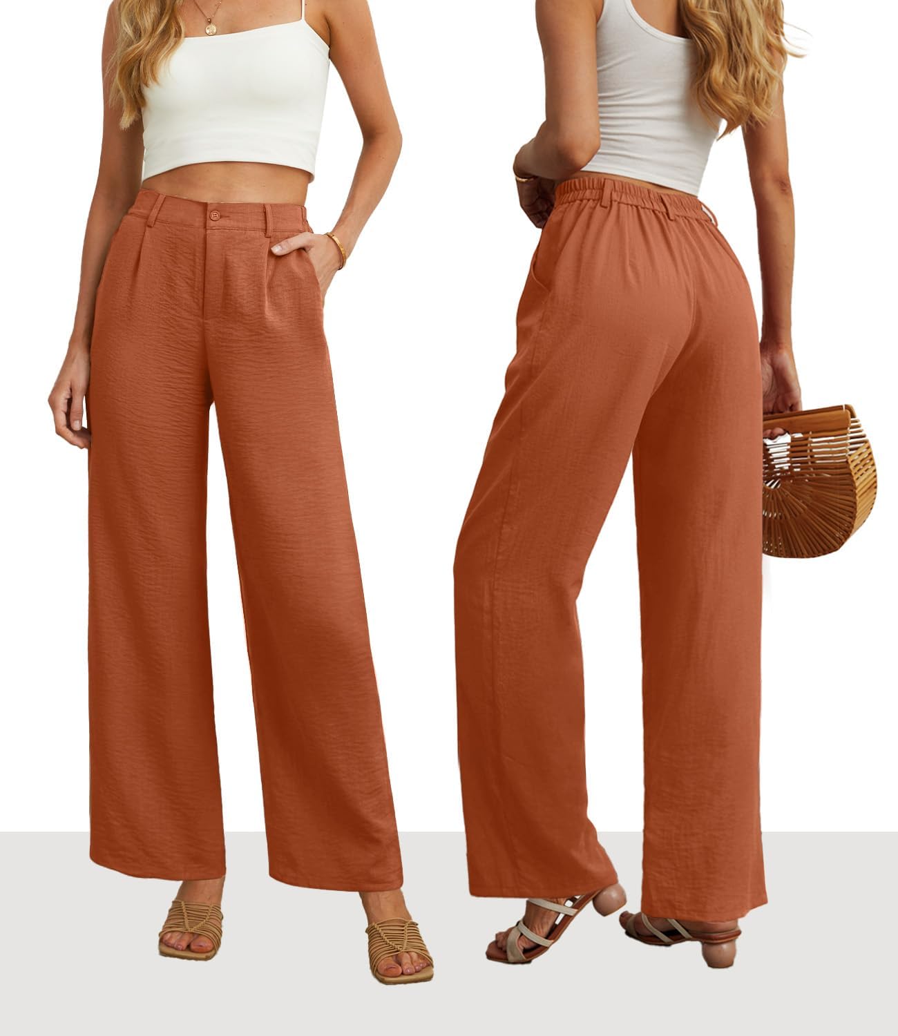 Feiersi Womens Casual Wide Leg Pants High Waisted Button Down Straight Long Trousers Palazzo Pants - Image 7